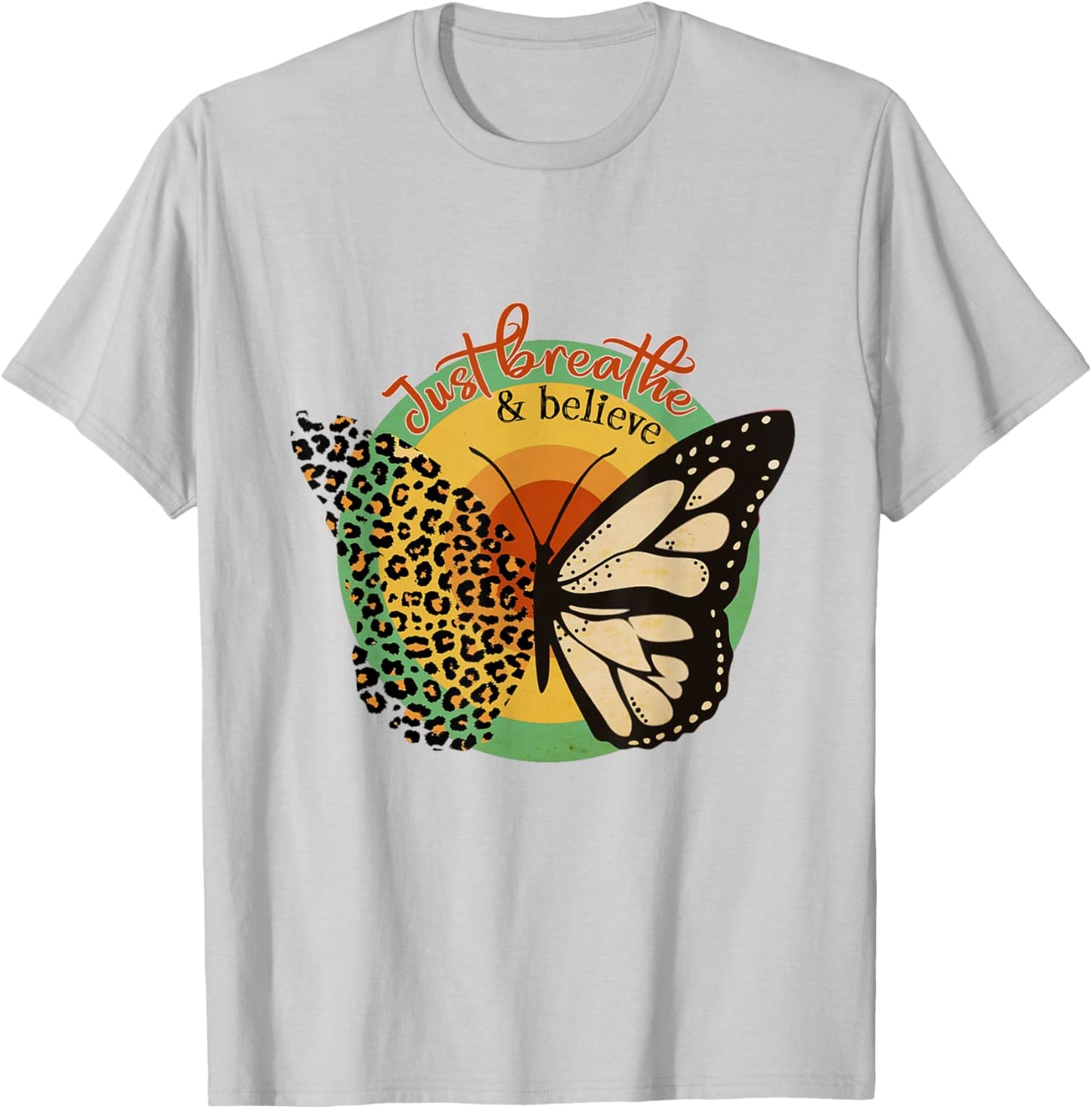 Just Breathe & Believe Keep Calm Leopard Print Butterfly T-Shirt - T-Shirt | Ash