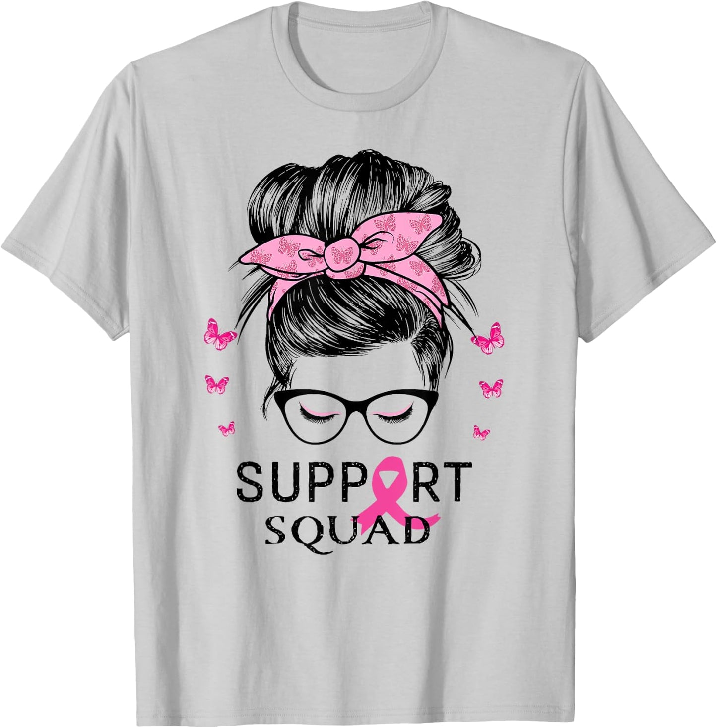 Support Squad Messy Bun Breast Cancer Awareness T-Shirt - T-Shirt | Ash