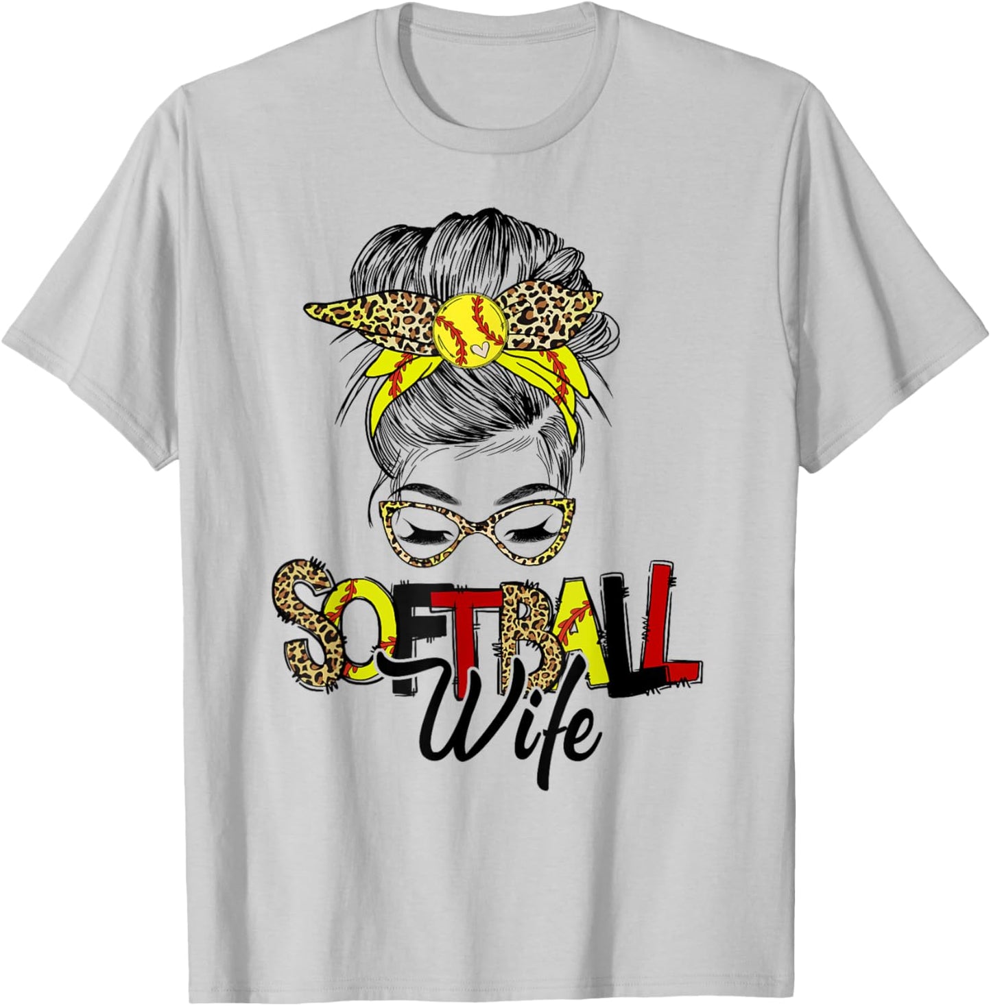 Softball Wife Life With Leopard Messy Bun Mother's Day T-Shirt - T-Shirt | Ash
