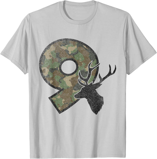 9 Nine Year Old Boy Ninth Birthday Country Camo Deer Hunter T-Shirt - T-Shirt | Ash