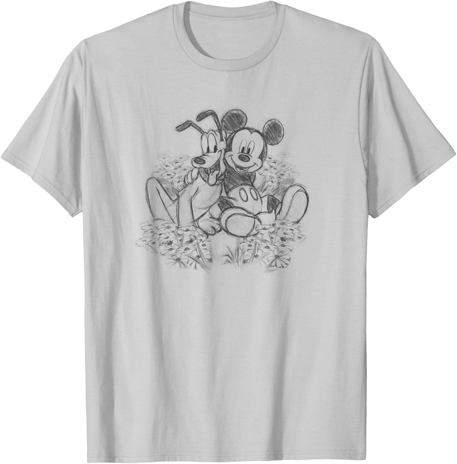 Disney Mickey & Friends Mickey and Pluto Floral Sketch T-Shirt - T-Shirt | Ash