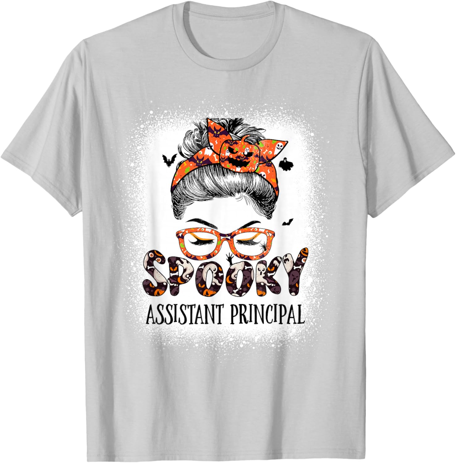 Messy Bun Spooky Assistant Principal Bleached Halloween Bat T-Shirt - T-Shirt | Ash
