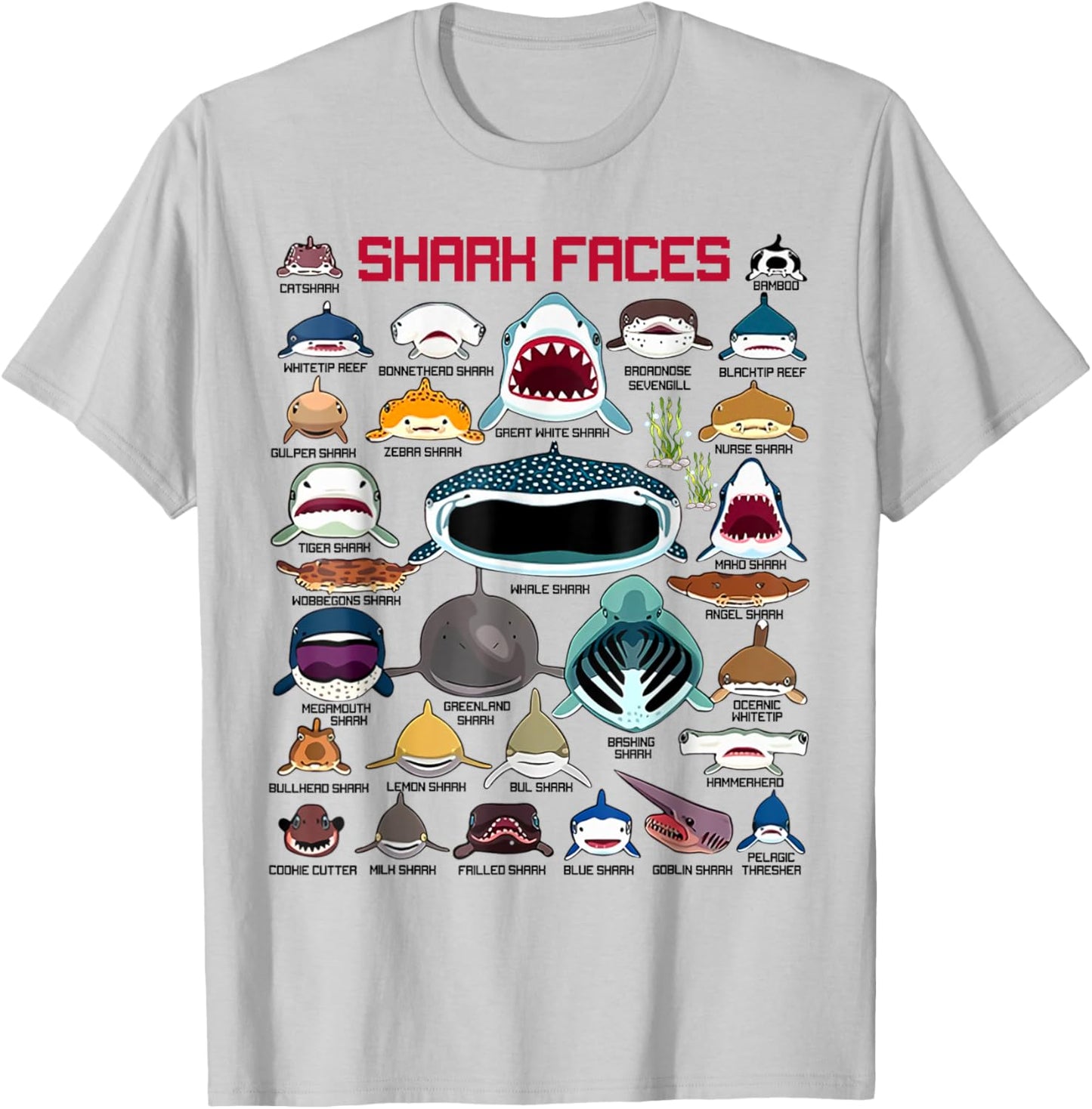 Funny Shark Faces Types Of Sharks Shark Lover Marine Biology T-Shirt - T-Shirt | Ash
