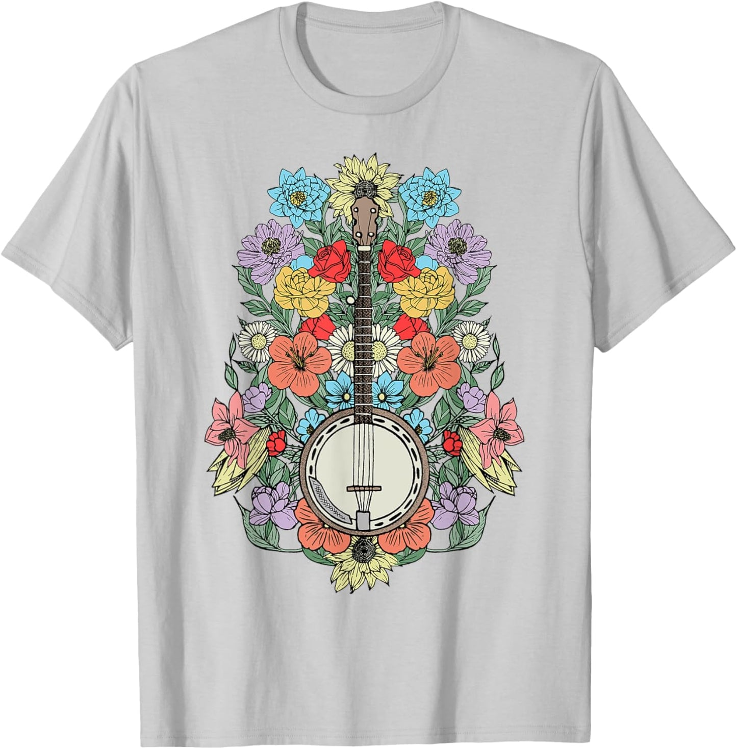 Banjo Flowers Vintage Stringed Bluegrass Folk Floral Design T-Shirt - T-Shirt | Ash