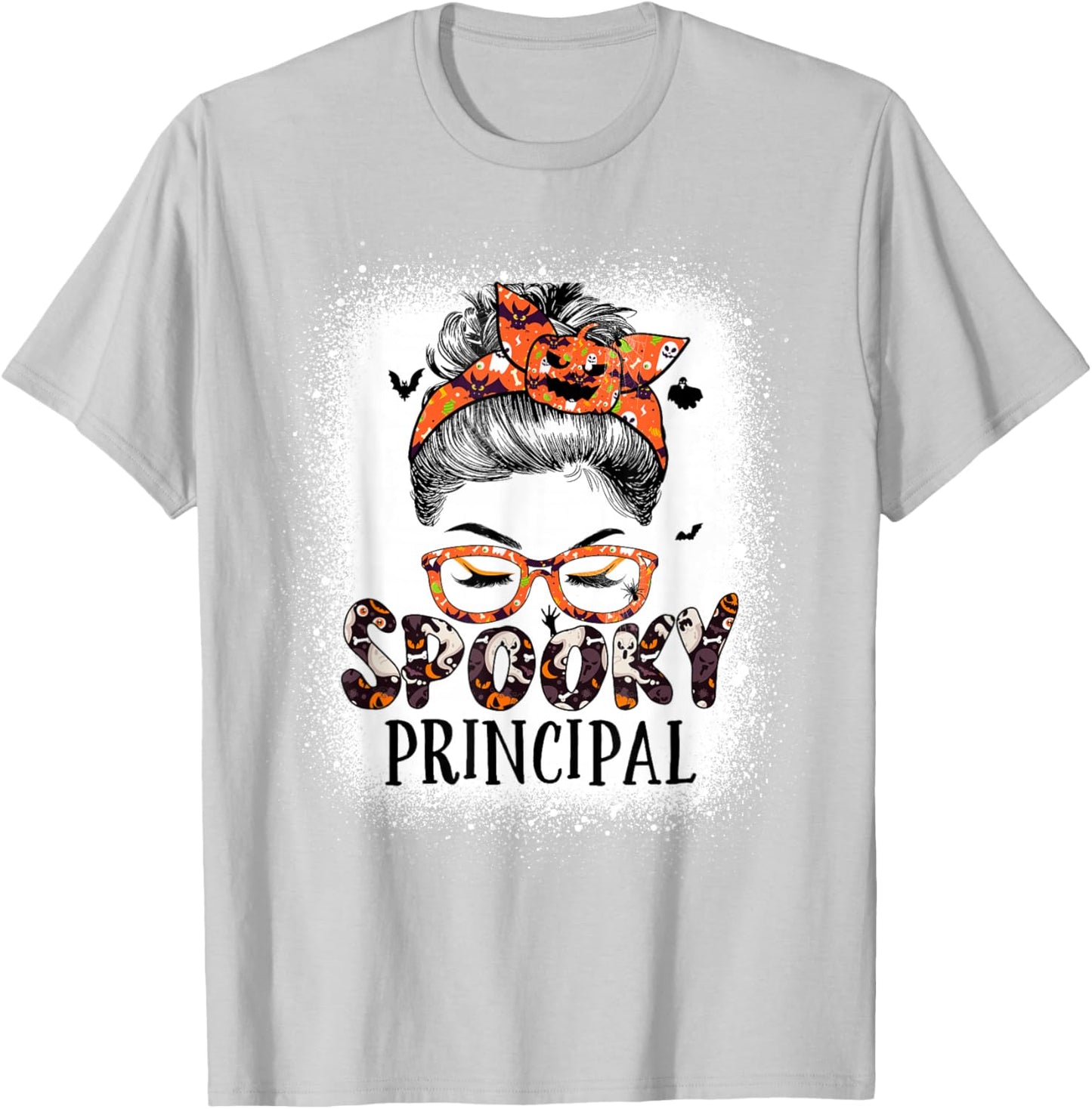 Messy Bun Spooky Principal Bleached Halloween Pumpkin T-Shirt - T-Shirt | Ash