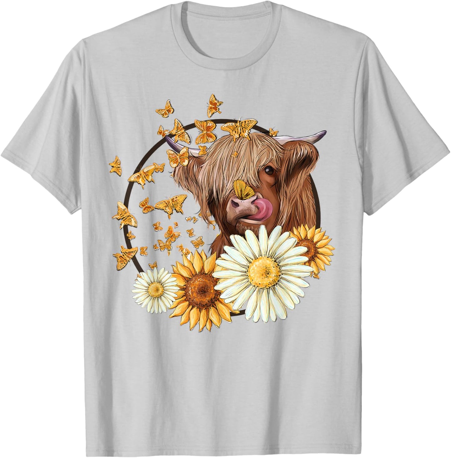 Highland Cow With Sunflower Daisies Butterflies Farm Western T-Shirt - T-Shirt | Ash