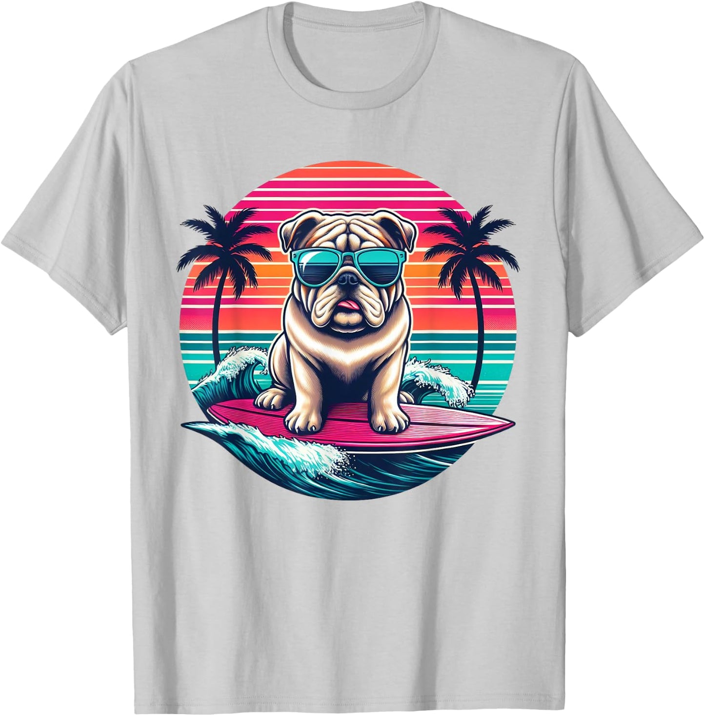 Surfing English Bulldog Retro Sunset Men Women Kids T-Shirt - T-Shirt | Ash