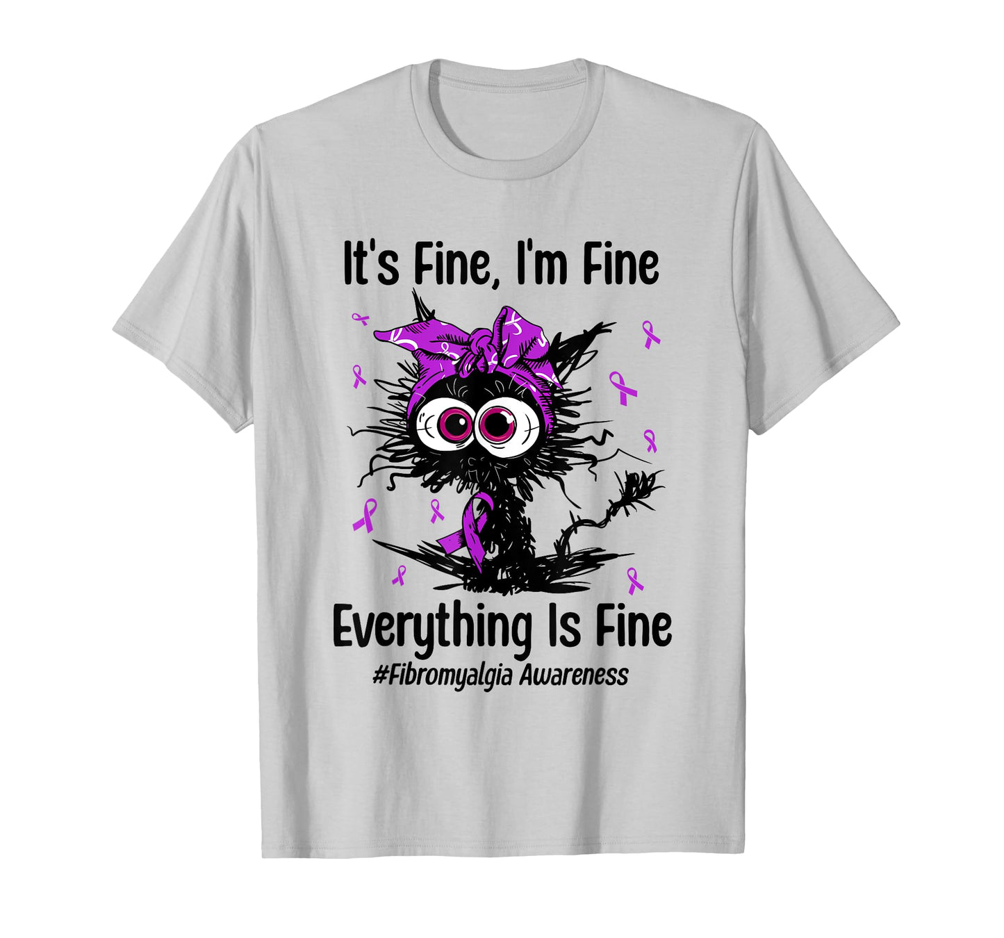 Funny Cat Fibromyalgia Awareness Fibro Warrior Ribbon Purple Men Women Kids T-Shirt