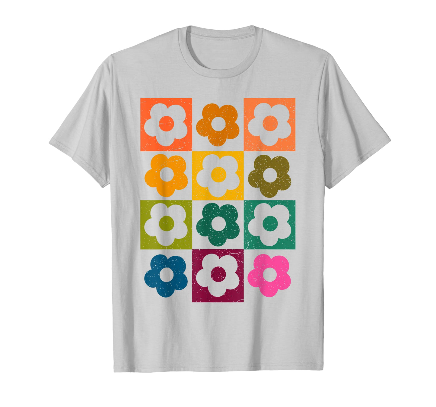 Neutral Checkerboard Daisy Color Flowers Retro Boho Floral T-Shirt