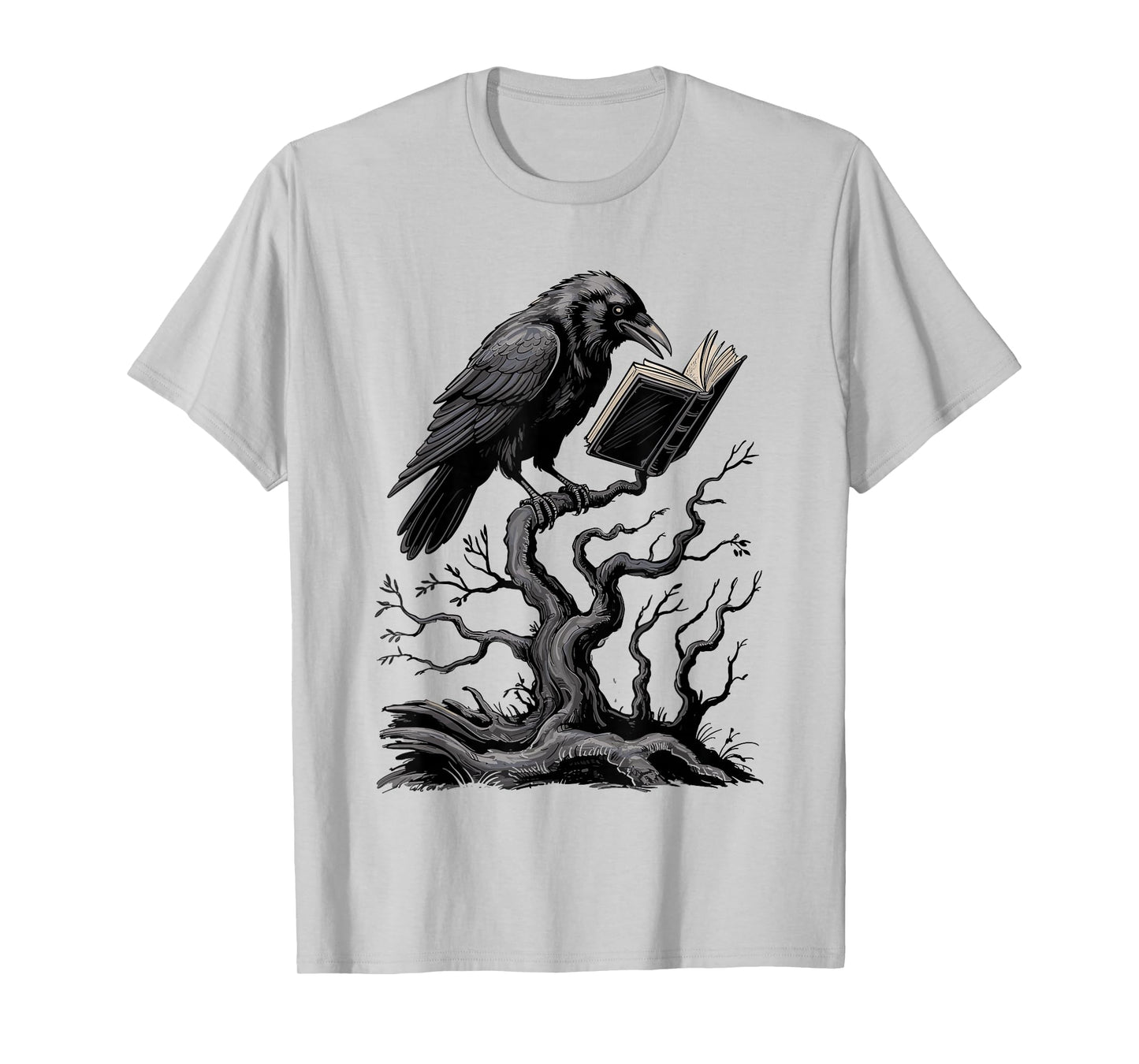 Spooky Raven Reading Book Lover Crow Halloween Tree Goth T-Shirt