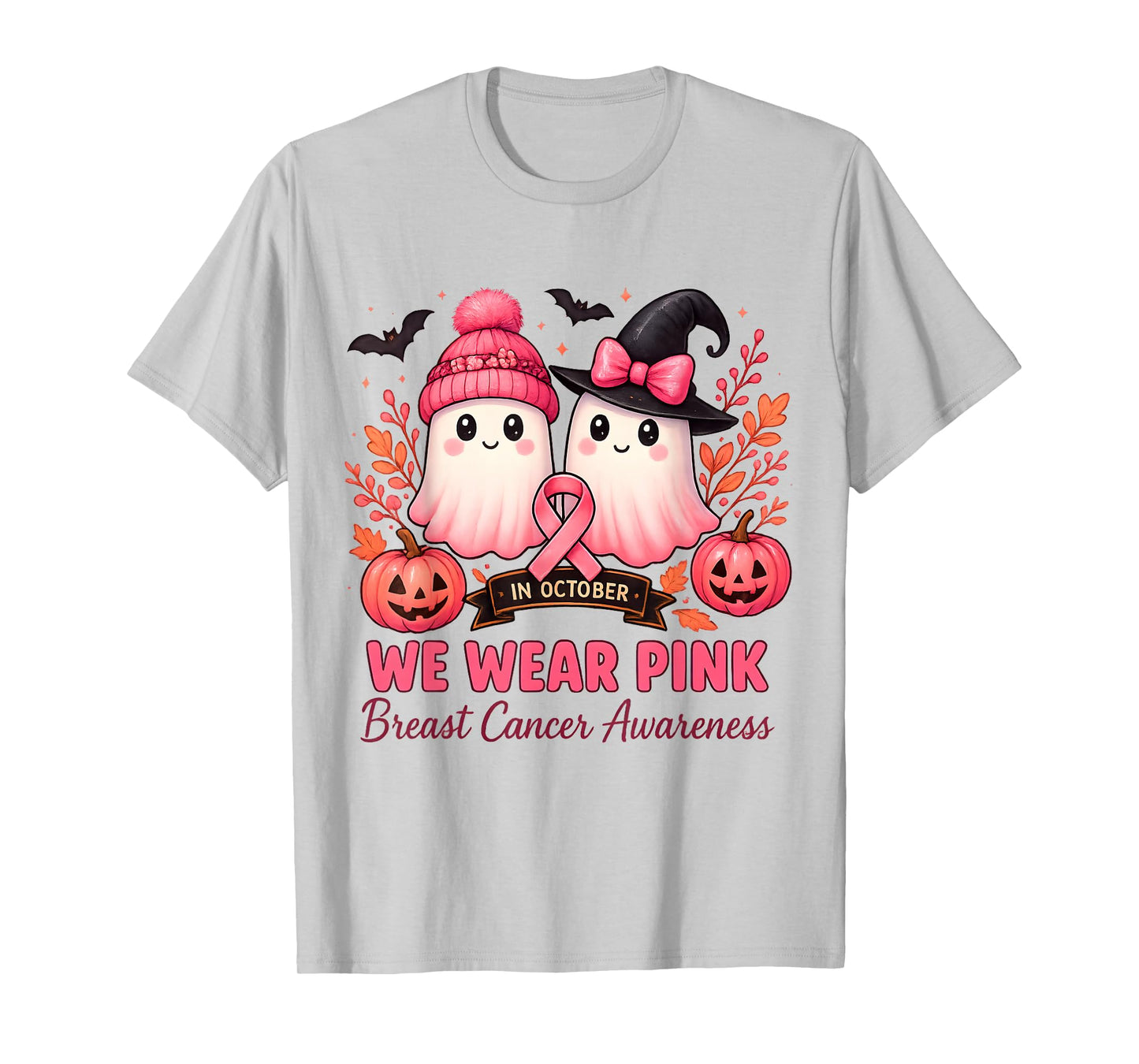 in October We Wear Pink Ghosts Breast Cancer Awareness T-Shirt