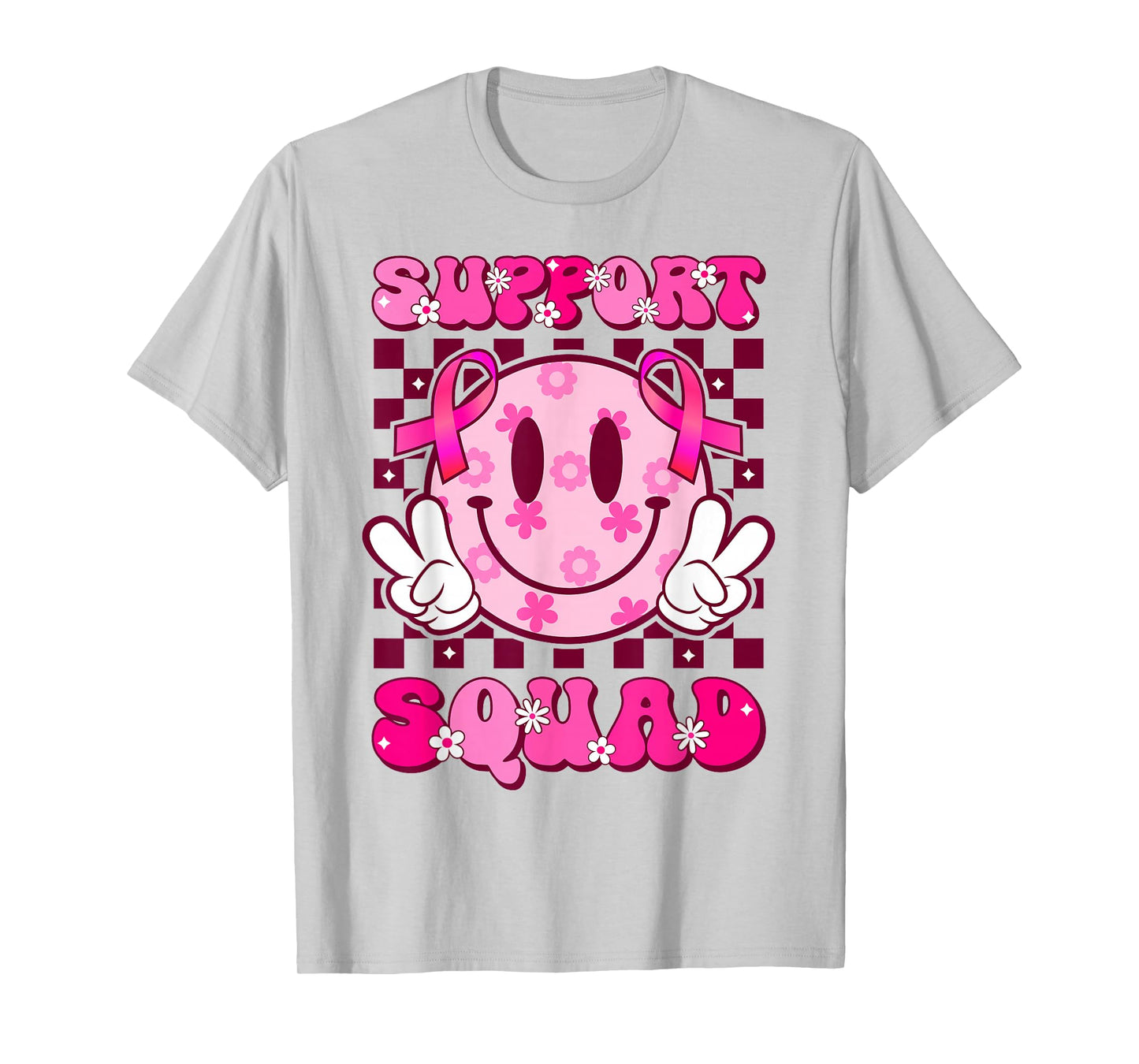 Groovy Smile Face Pink Ribbon Support Squad Breast Cancer T-Shirt
