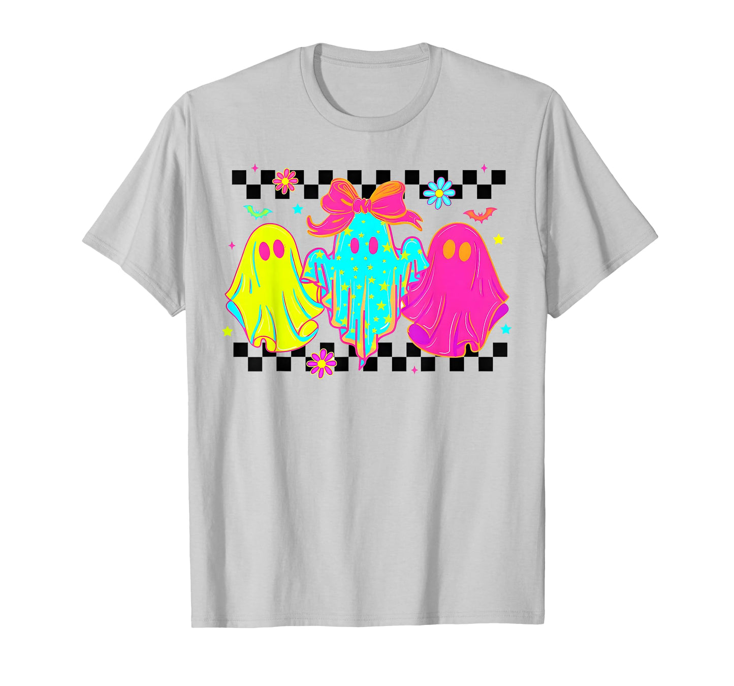 Checkered Boo Ghost Coquette Bow Halloween Womens Girls T-Shirt