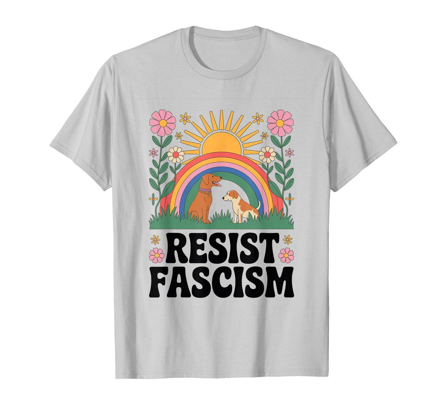 Dogs Resist Fascism Retro Groovy Rainbow No Kings Hippie T-Shirt