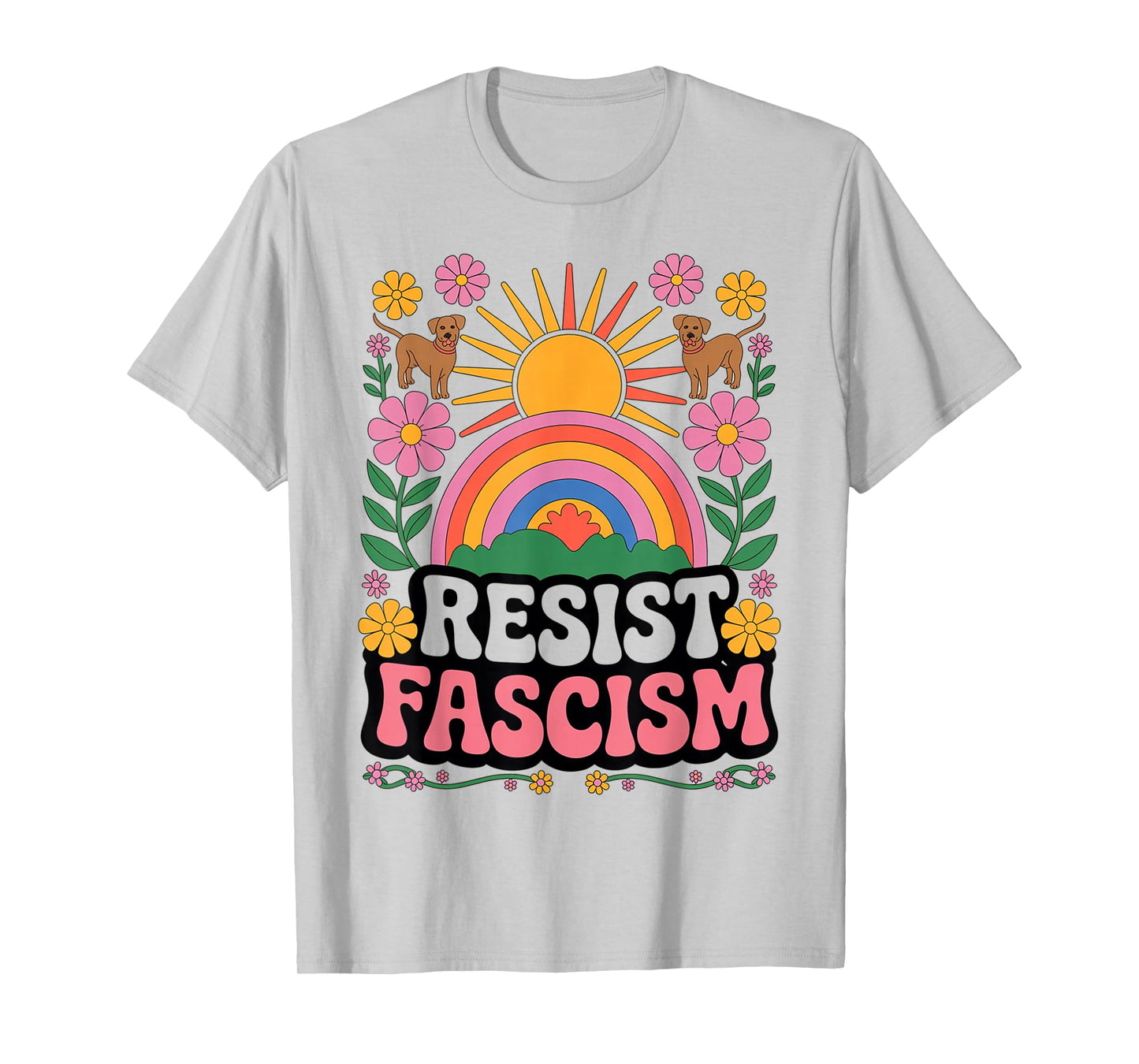 Dogs Resist Fascism Retro Groovy Rainbow No Kings Hippie T-Shirt