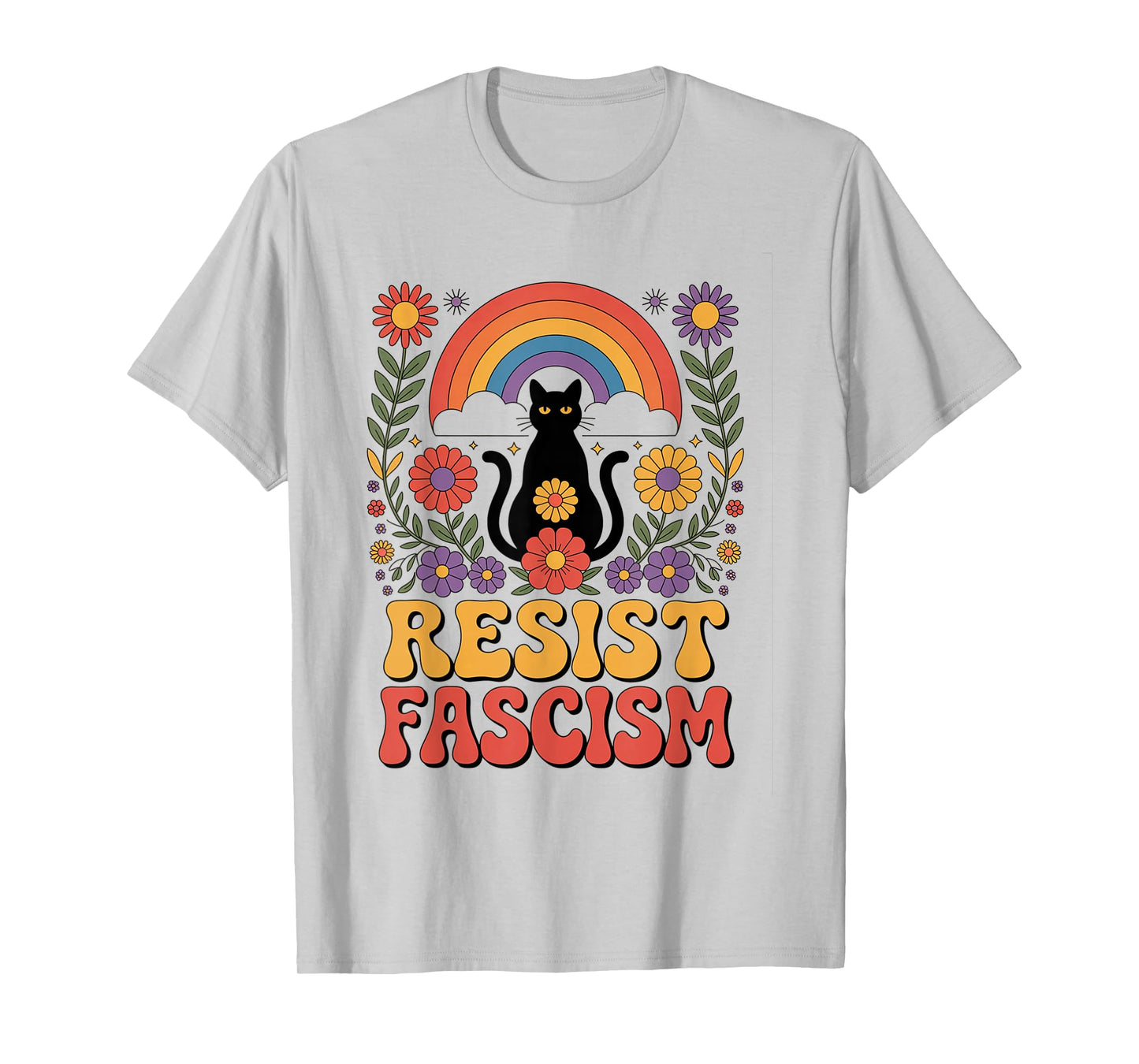 Cat Resist Fascism Retro Groovy Rainbow No Kings Hippie T-Shirt