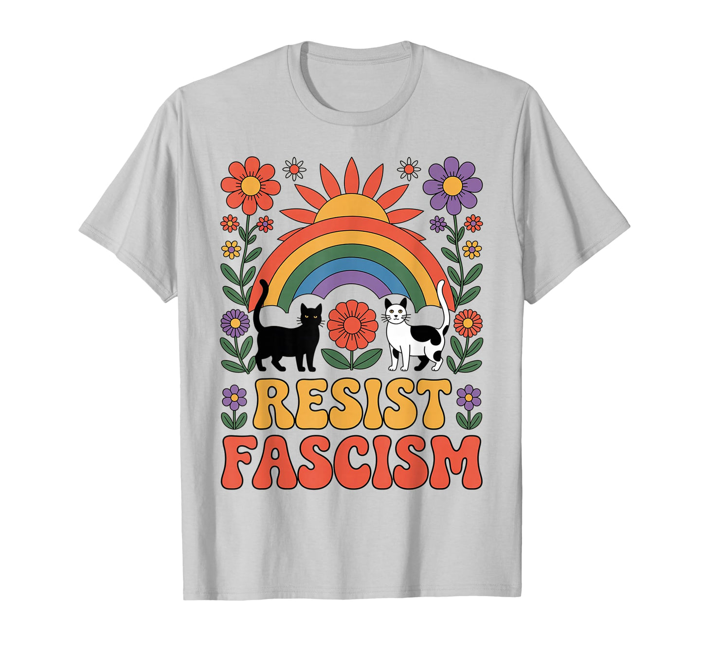 Cats Resist Fascism Retro Groovy Rainbow No Kings Hippie T-Shirt