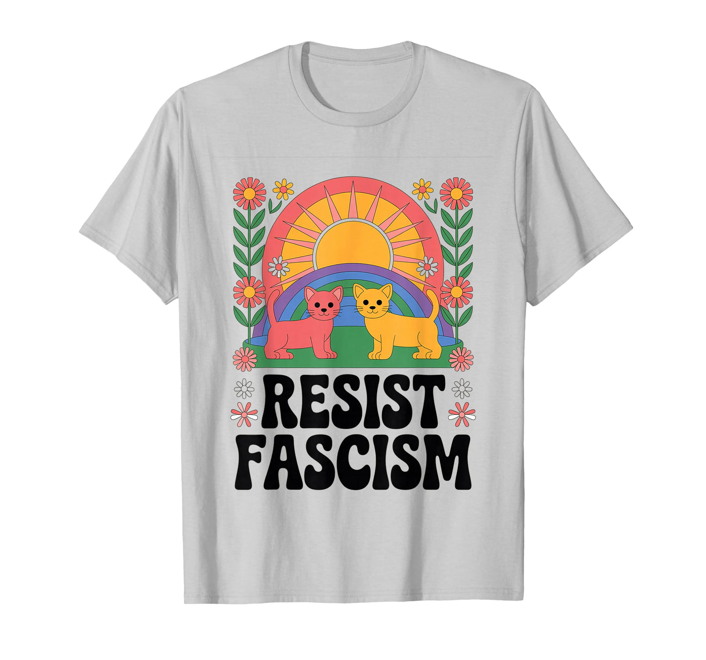 Cats Resist Fascism Retro Groovy Rainbow No Kings Hippie T-Shirt