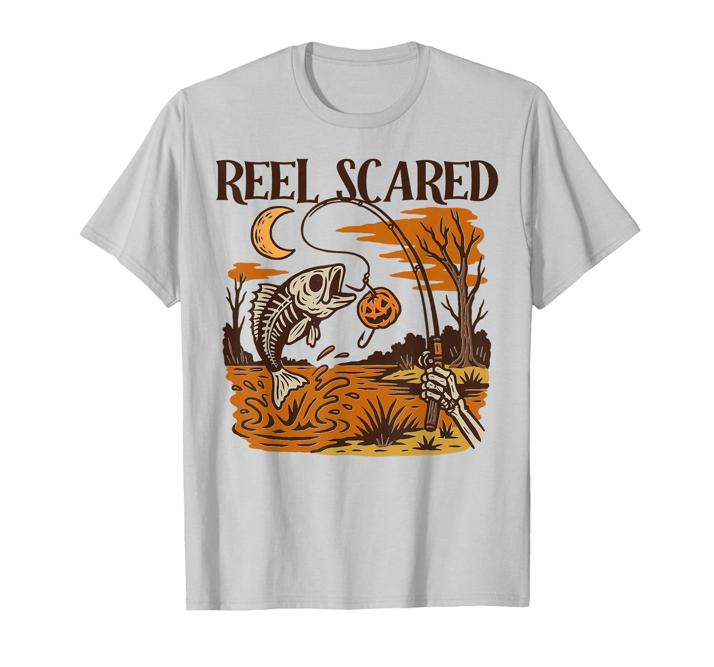 Vintage Reel Halloween Scared Fishing Skeleton Fisherman T-Shirt