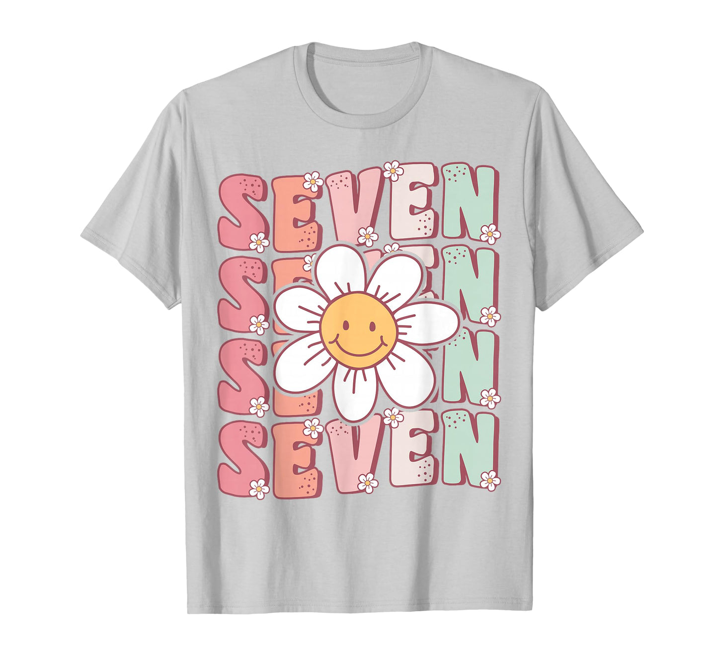 Cute Groovy 7th Birthday Party Daisy Flower Seven Year Old T-Shirt