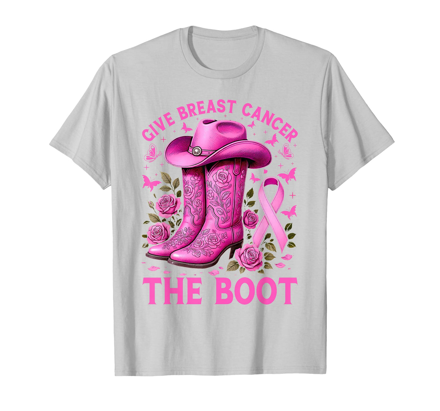 Give Breast Cancer The Boot Cowgirl Cancer Awareness Ribbon T-Shirt