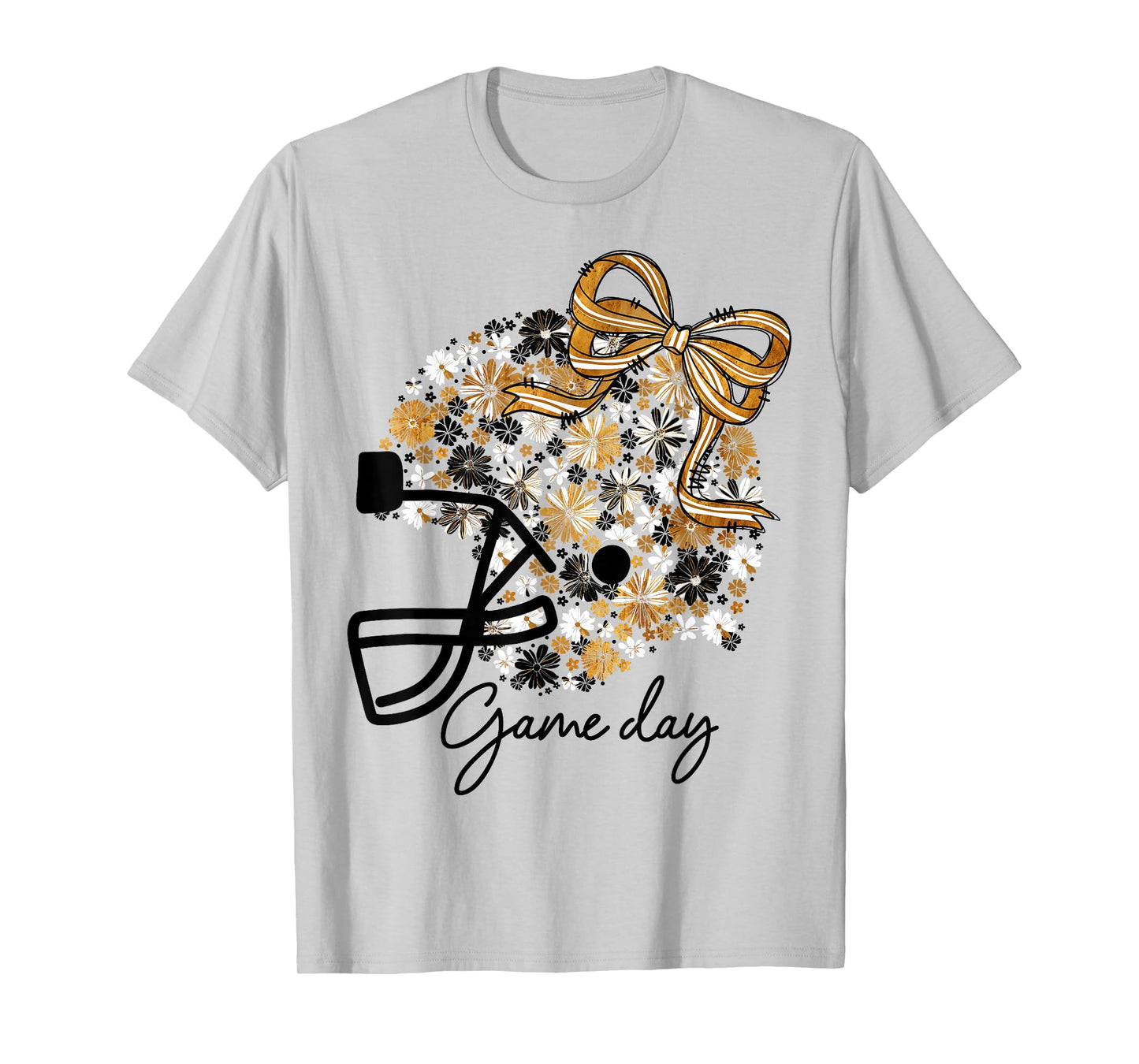 Floral Football Game Day Girly Bow Team Spirit Black & Gold T-Shirt
