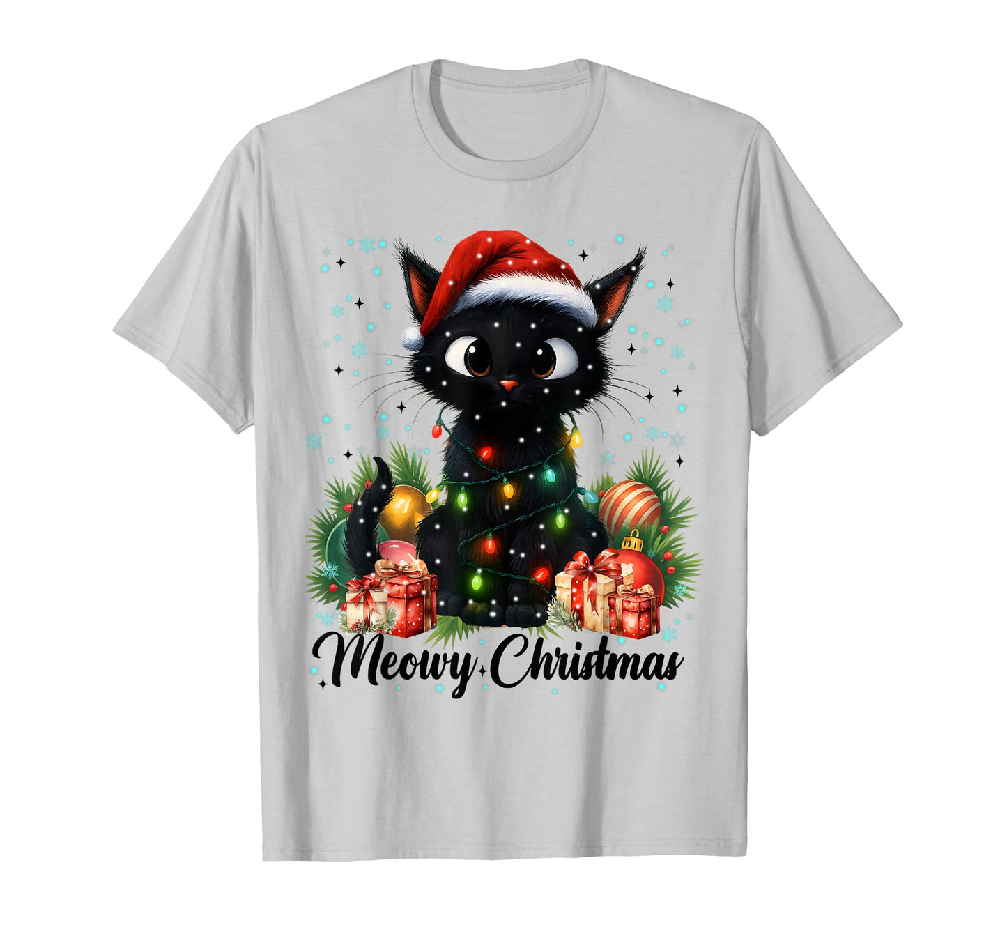 Moewy Christmas Black Cute Cat Santa Hat Xmas Women Girl T-Shirt
