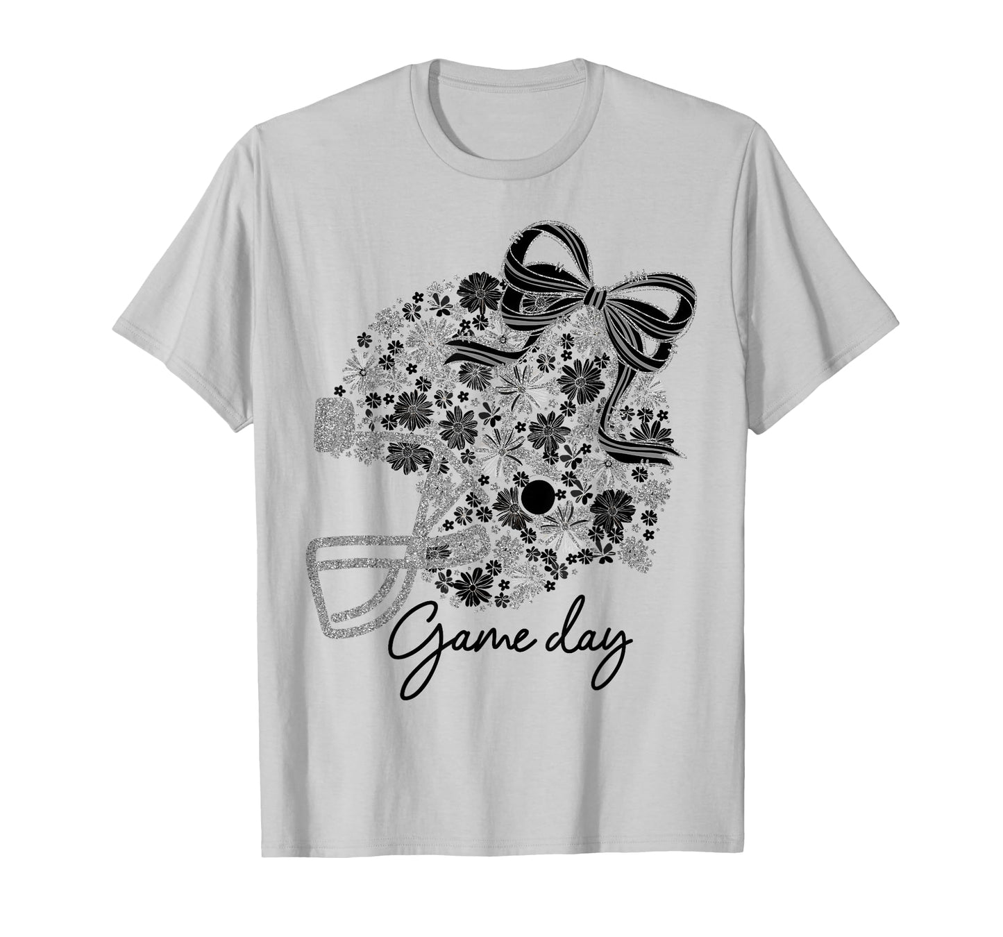 Floral Football Game Day Girly Team Spirit Black & Silver T-Shirt
