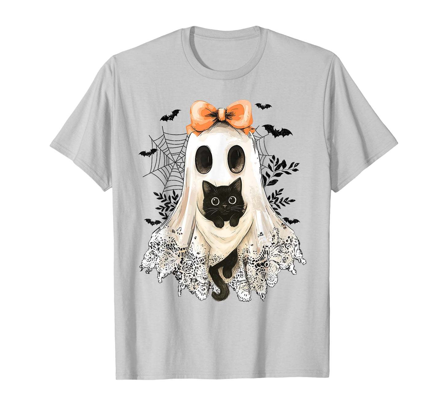 Retro Lace Ghost Coquette Black Cat Spooky Halloween Women T-Shirt