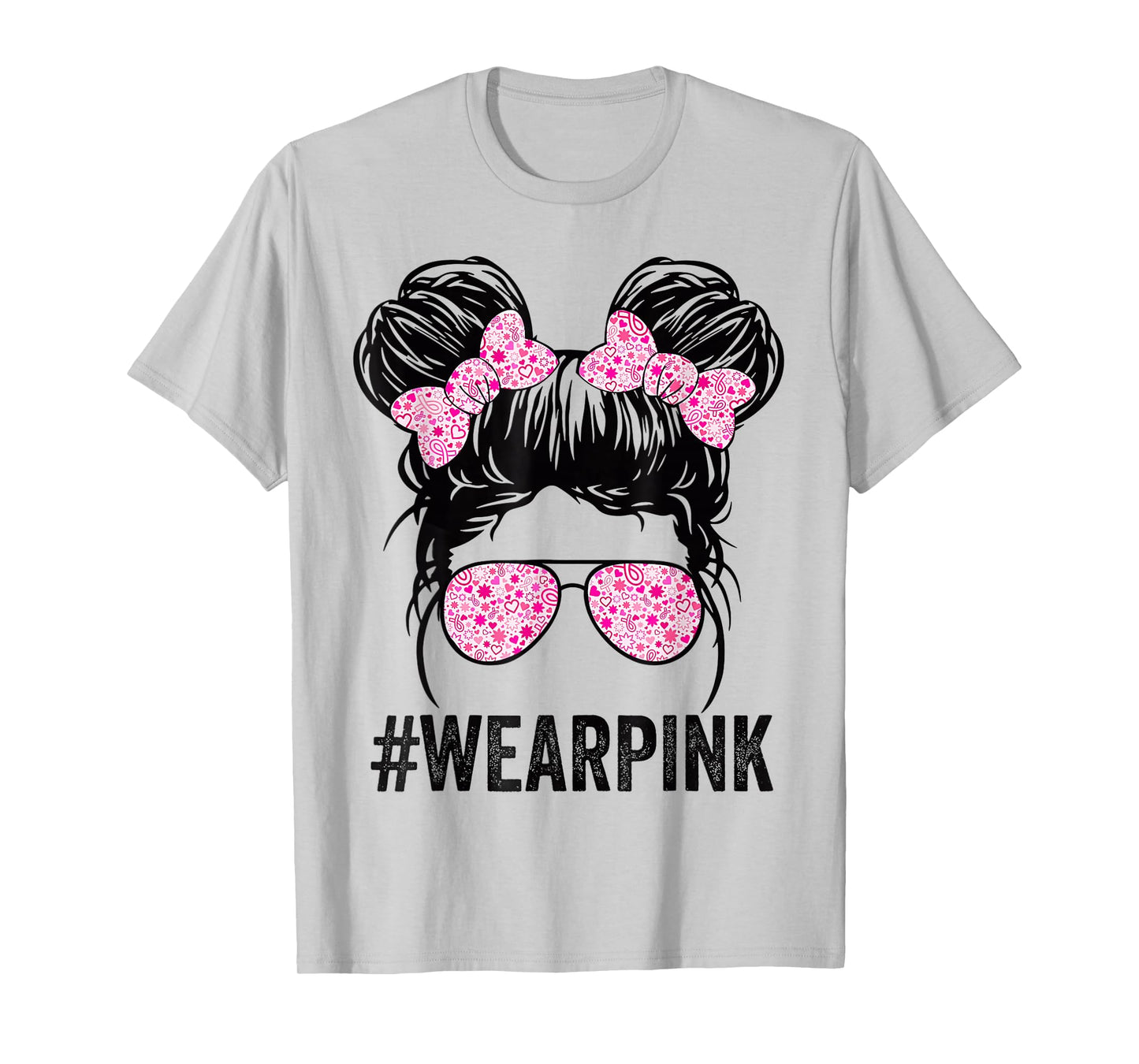 Kid Messy bun glasses wear pink breast cancer awareness T-Shirt