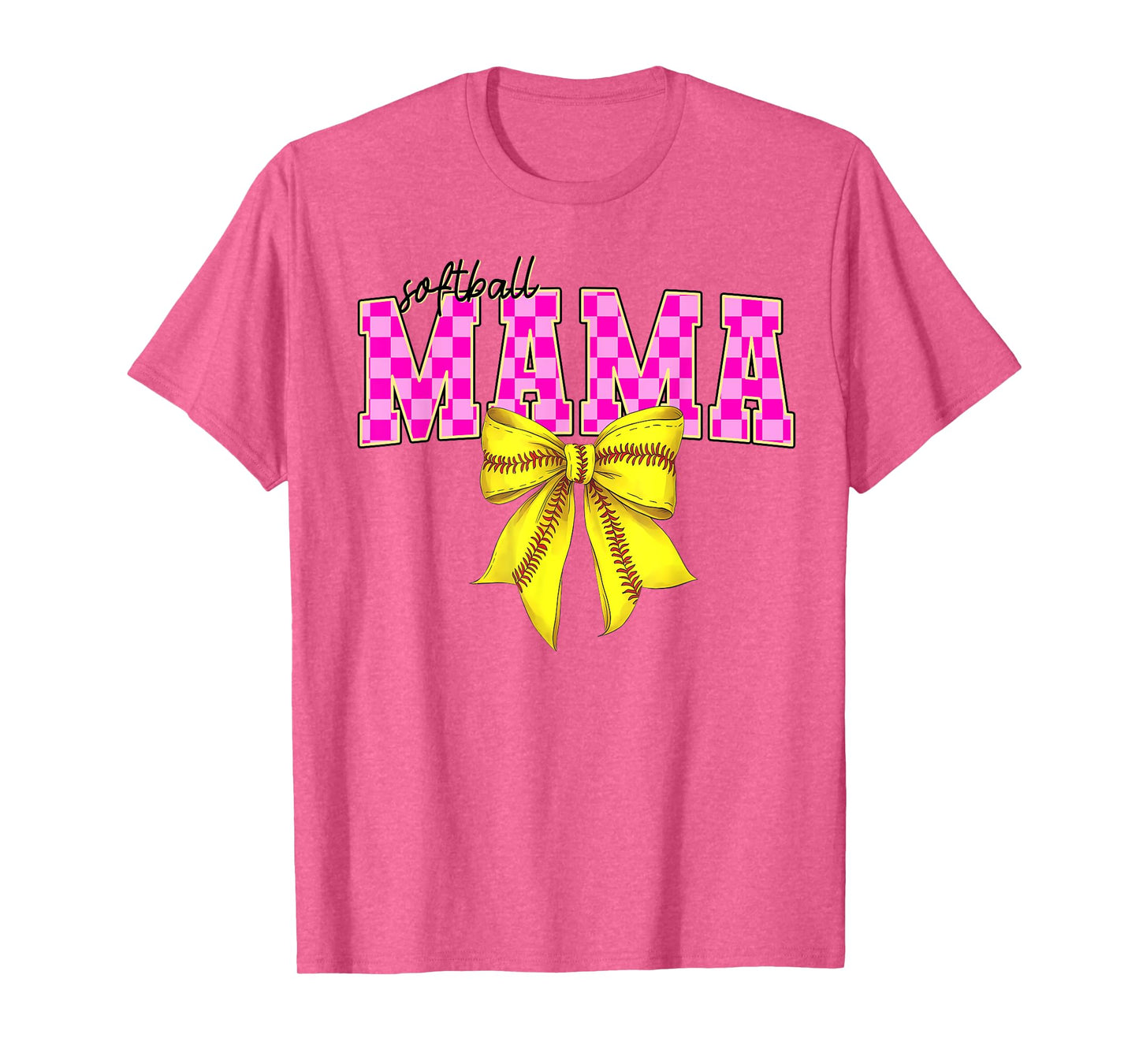 Pink Checkered Softball Coquette Bow Mama Mother's Day Women T-Shirt