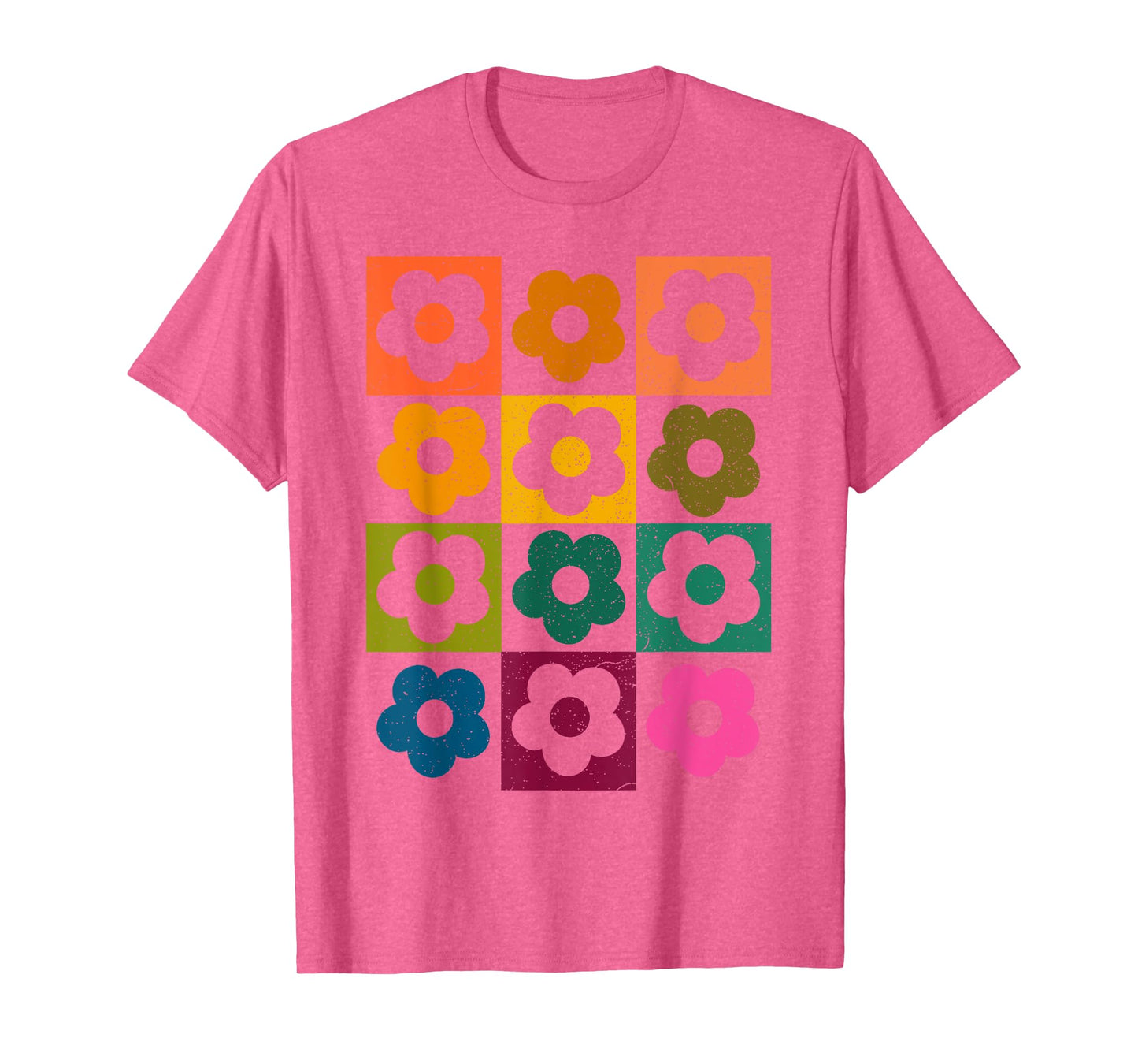 Neutral Checkerboard Daisy Color Flowers Retro Boho Floral T-Shirt