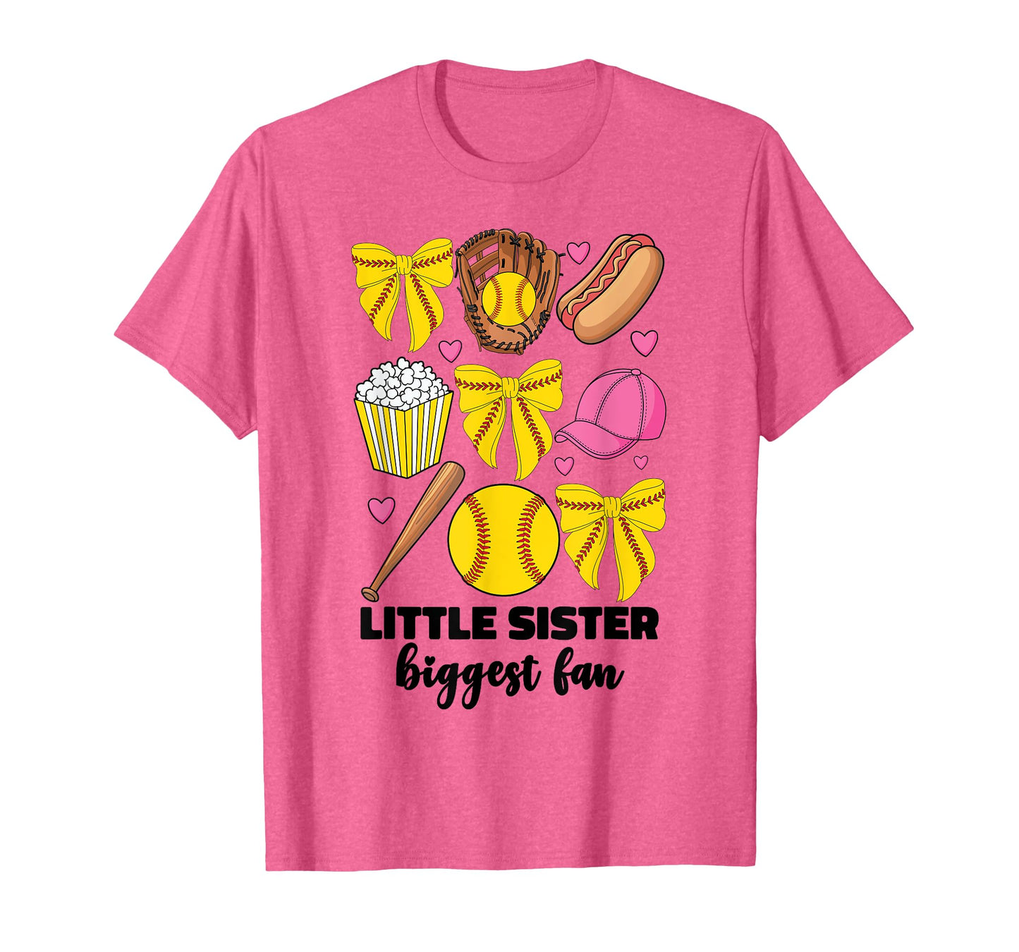 Little Sister Biggest Fan Softball Teen Girls Coquette Bow T-Shirt