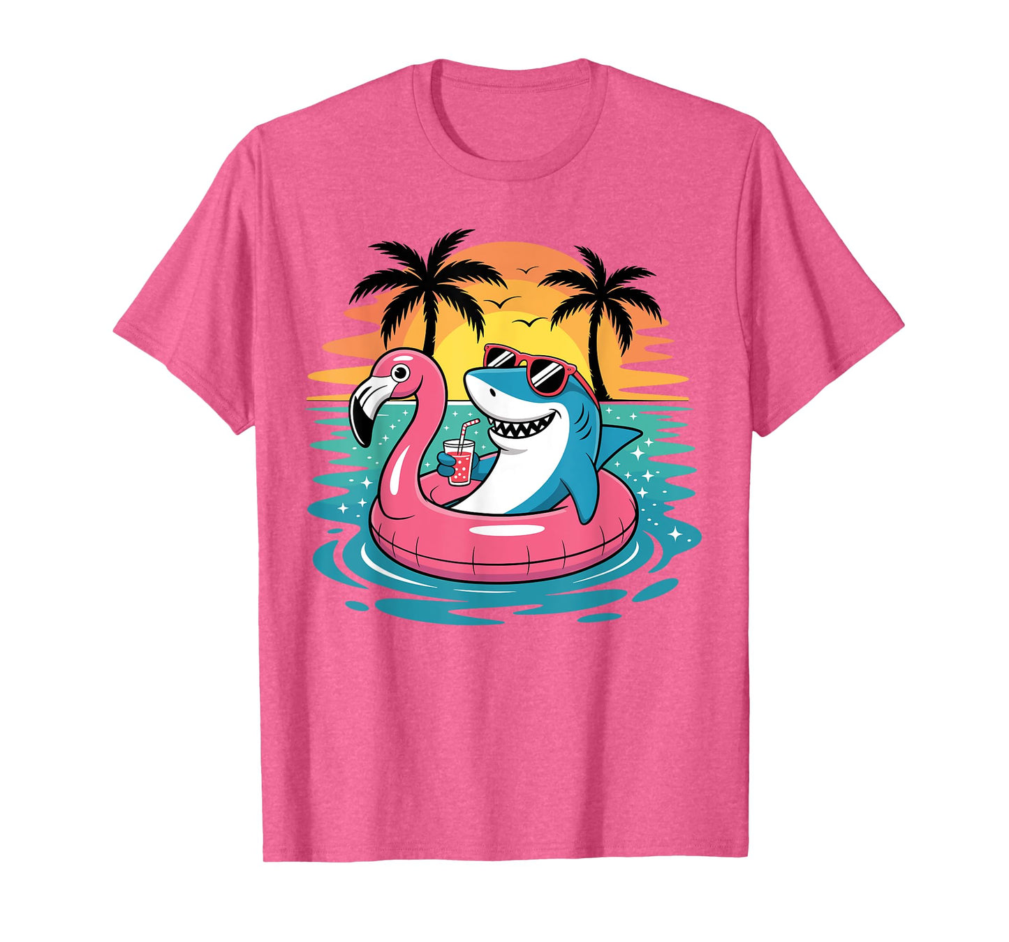 Funny Shark Hawaiian Flamingo Float Beach Summer Vacation T-Shirt