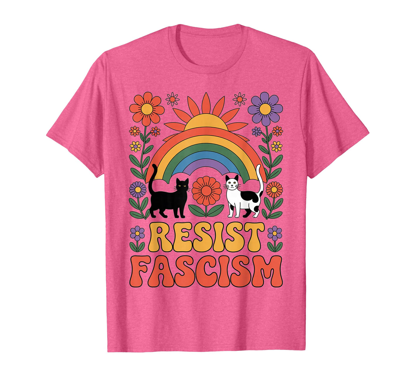Cats Resist Fascism Retro Groovy Rainbow No Kings Hippie T-Shirt