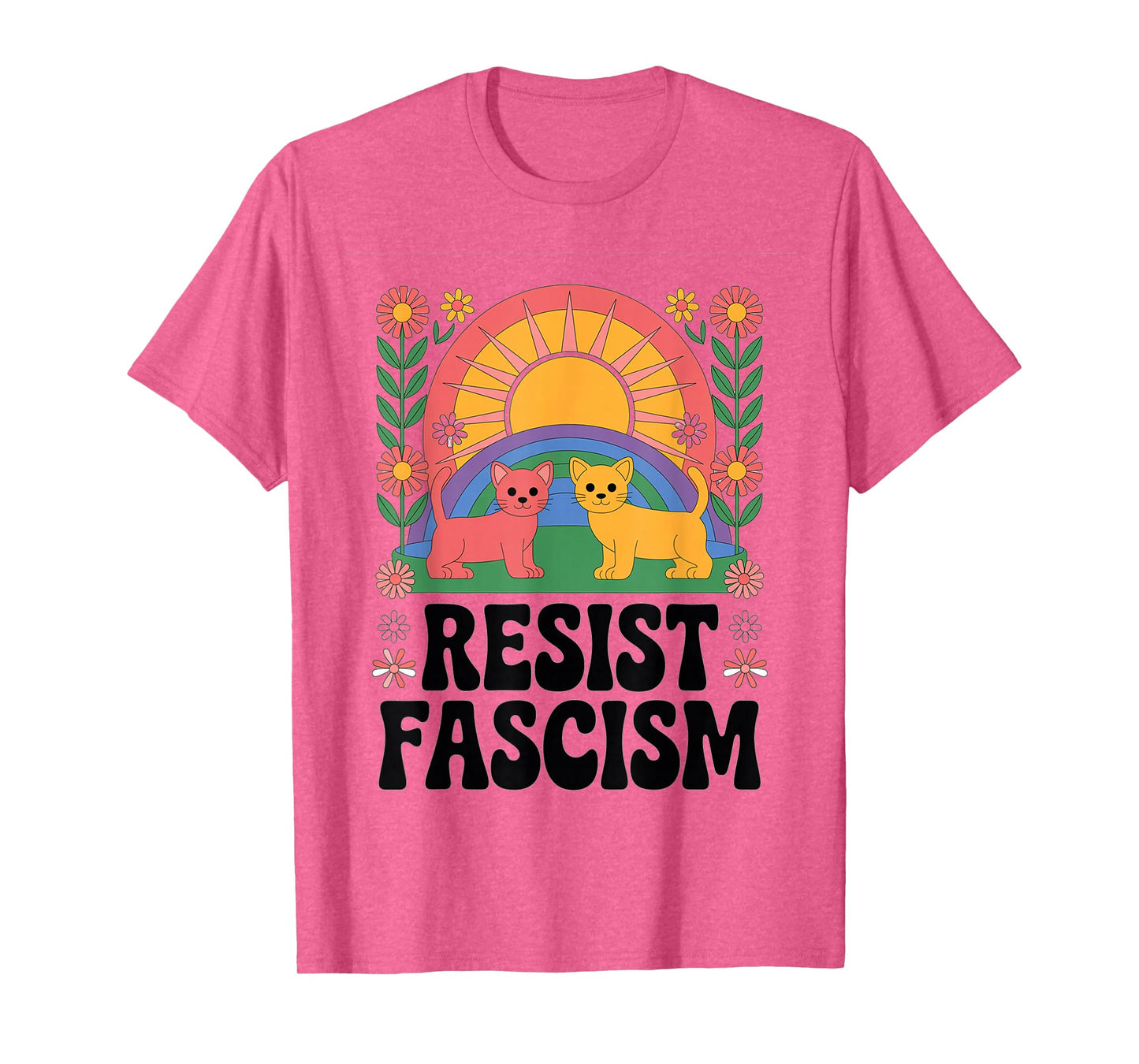 Cats Resist Fascism Retro Groovy Rainbow No Kings Hippie T-Shirt