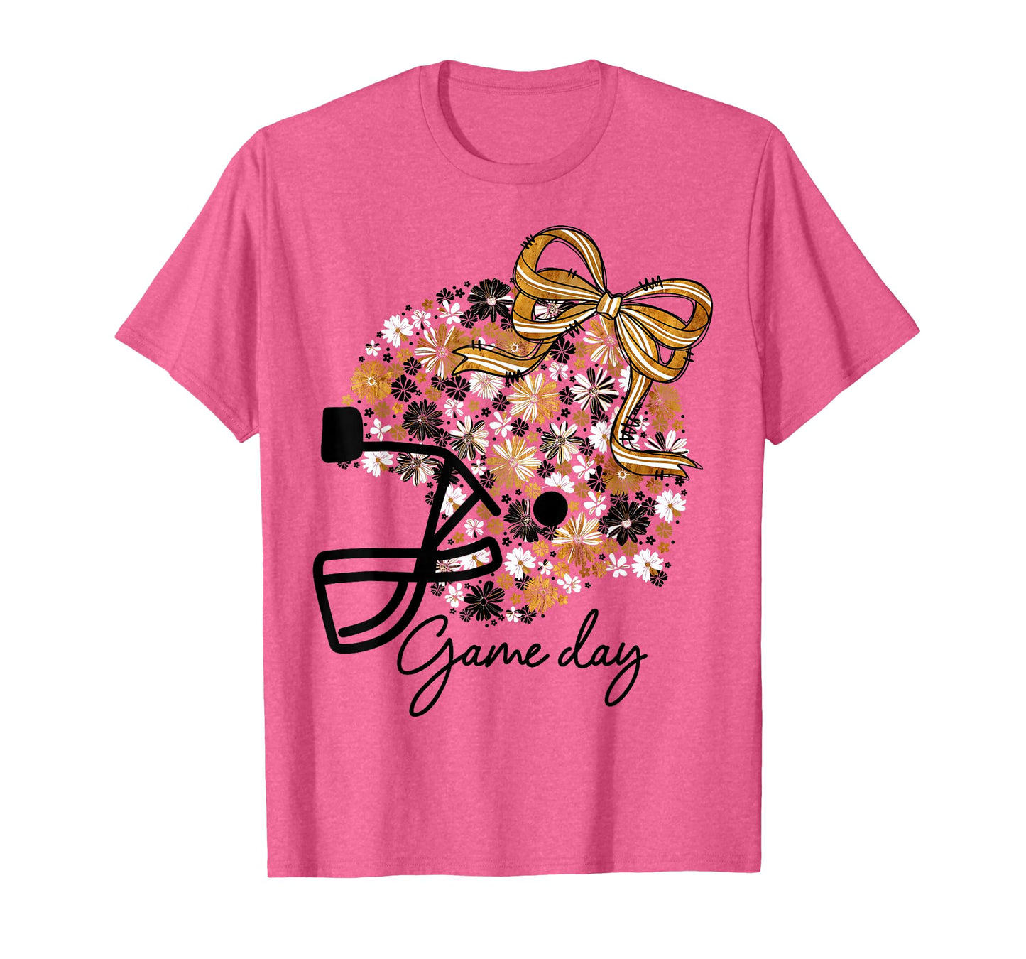 Floral Football Game Day Girly Bow Team Spirit Black & Gold T-Shirt