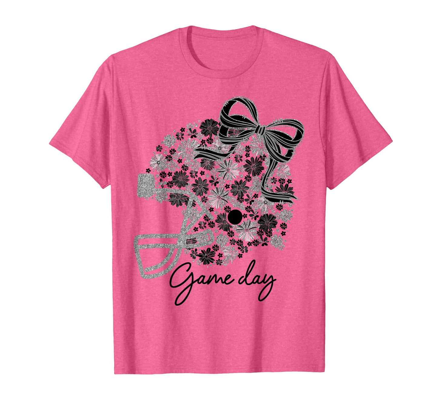 Floral Football Game Day Girly Team Spirit Black & Silver T-Shirt