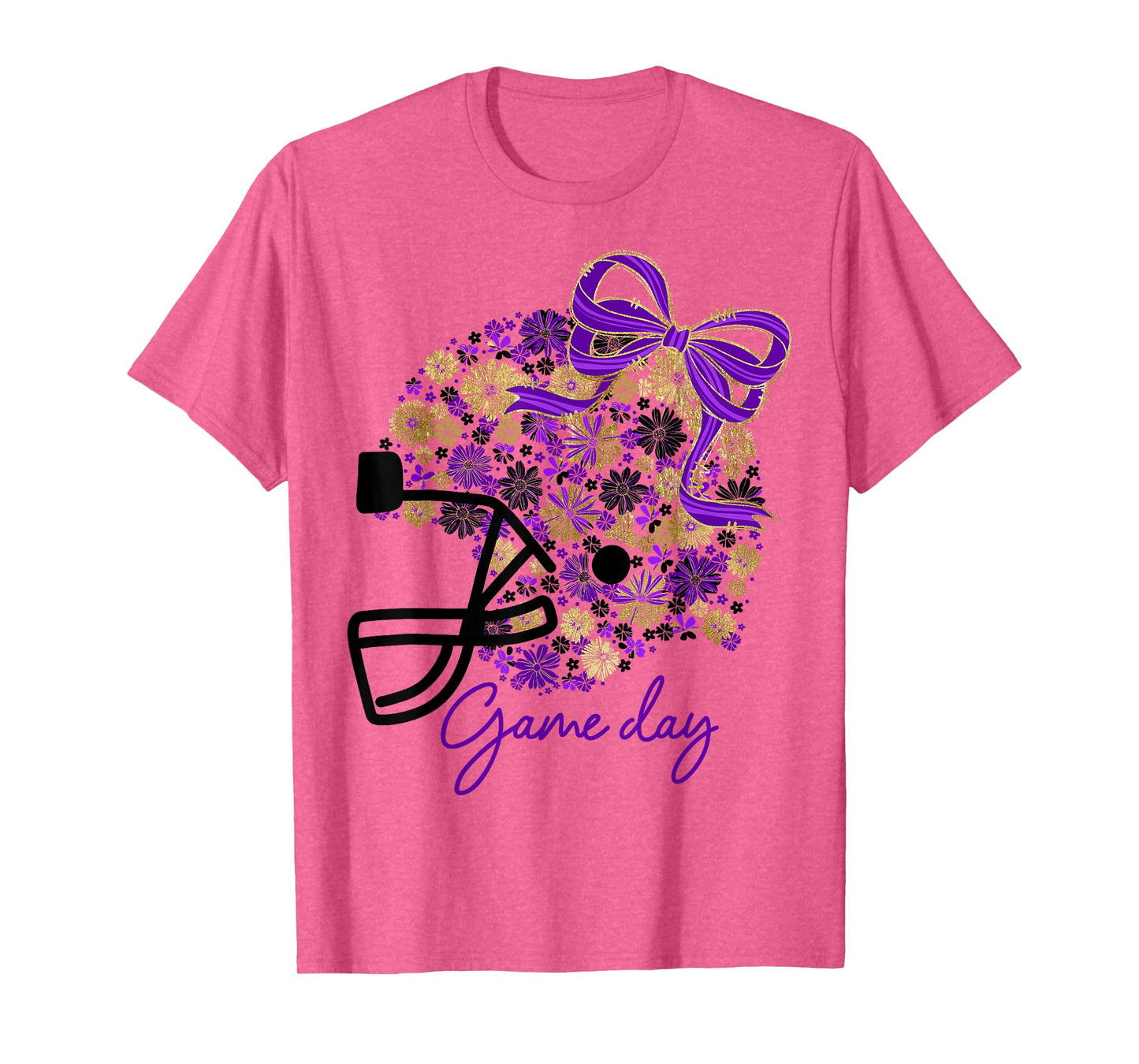 Floral Football Game Day Girly Team Spirit Purple Black Gold T-Shirt