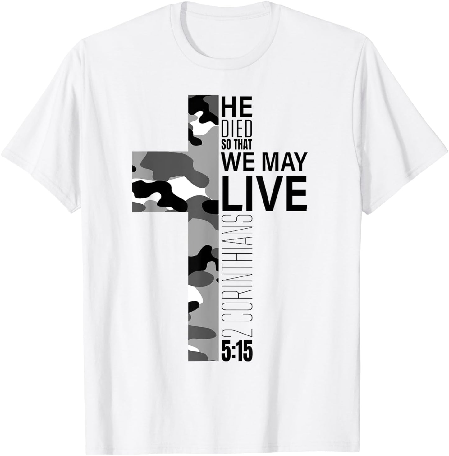 Christian Bible Verse Black White Camo Cross Easter Graphic T-Shirt - T-Shirt | White