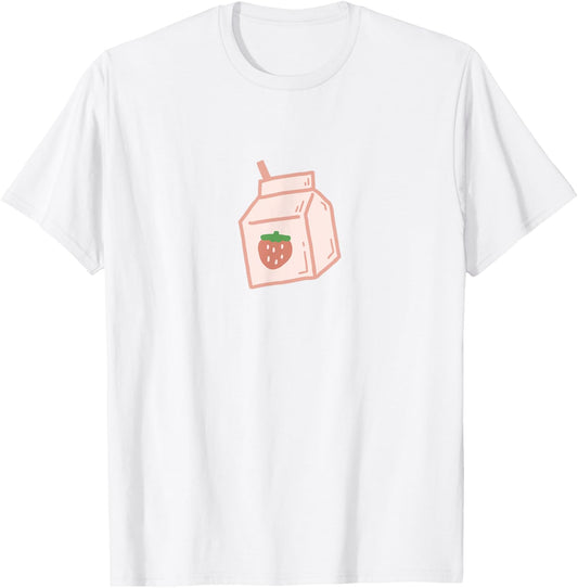 Cute Pink Strawberry Milk Carton Minimal Kawaii Aesthetic T-Shirt - T-Shirt | White