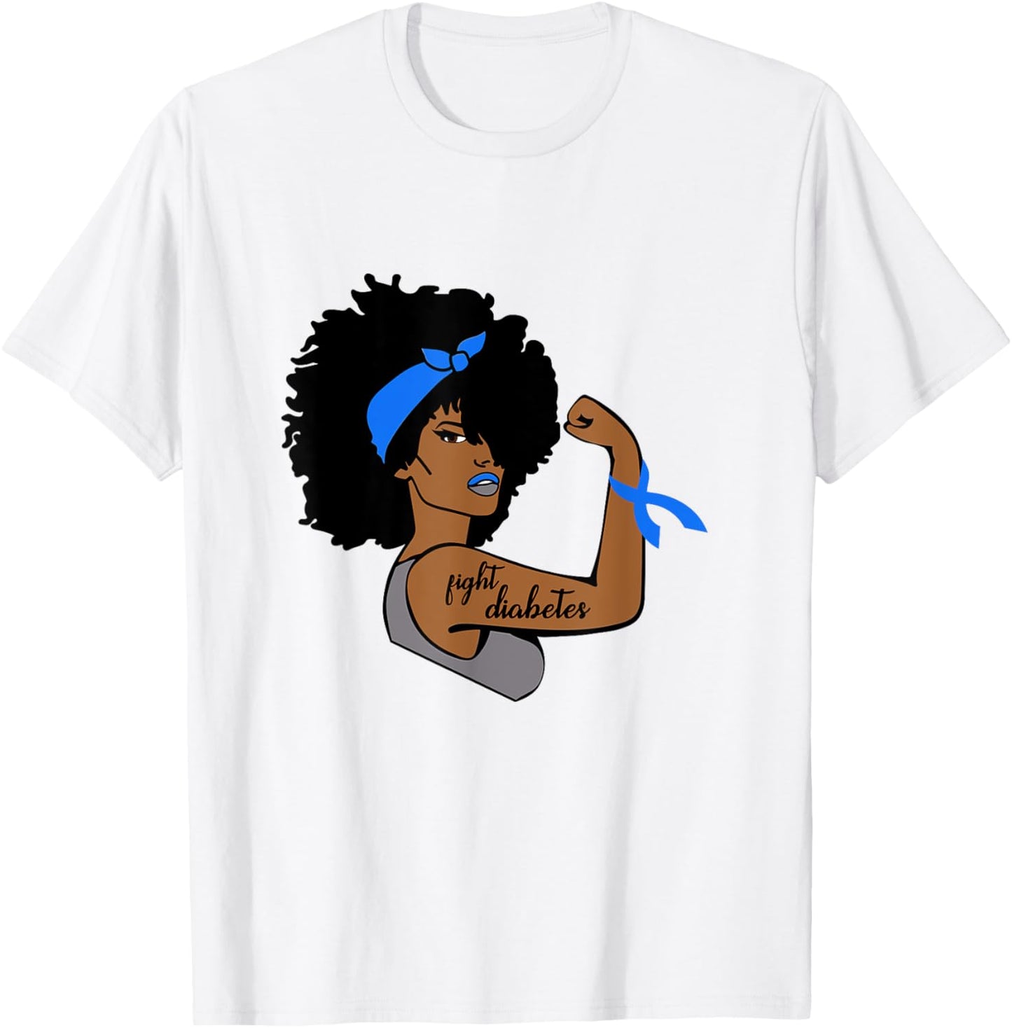 Fight Diabetes African American Woman Blue Ribbon Awareness T-Shirt - T-Shirt | White