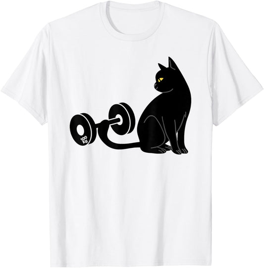 Deadlifting Cat Workout Gym Fitness Exercise Weightlifting T-Shirt - T-Shirt | White