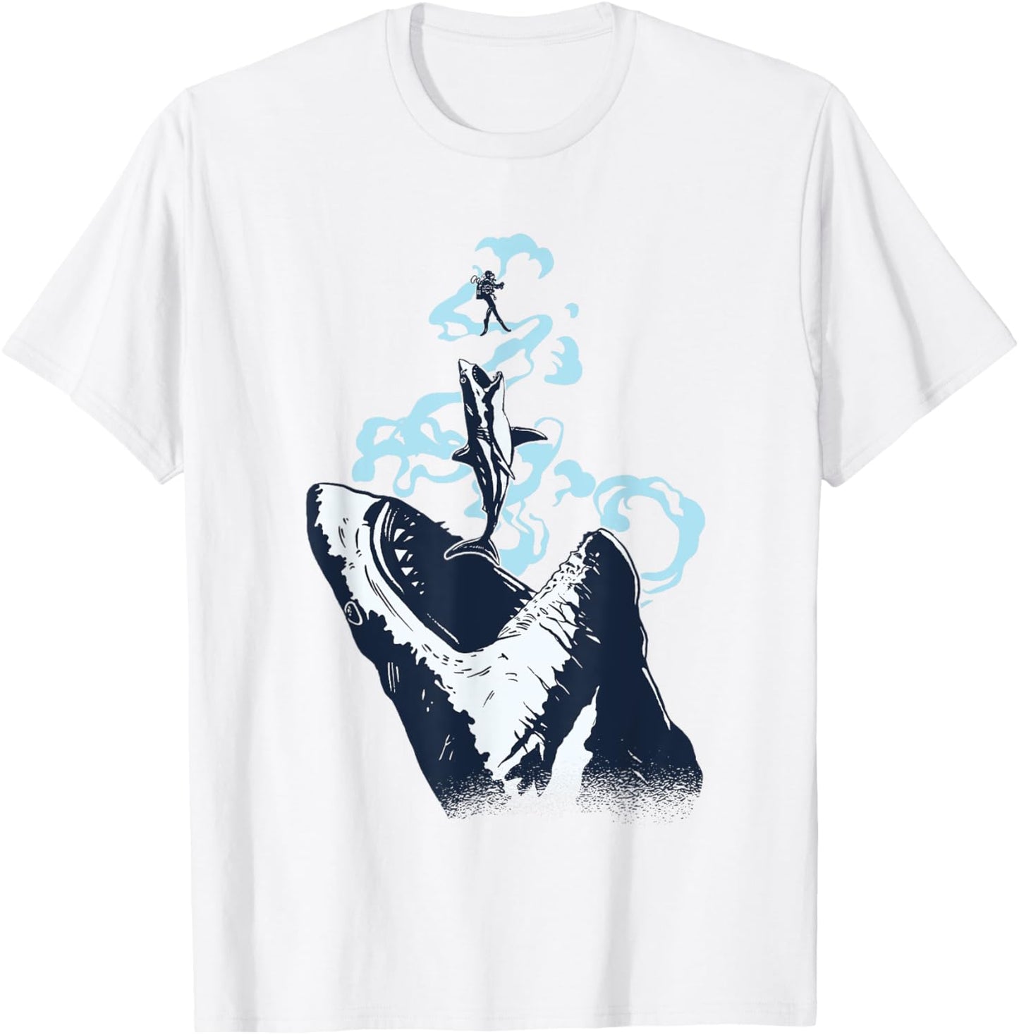 Diver, White Great Shark, Shark Diving T-Shirt - T-Shirt | White