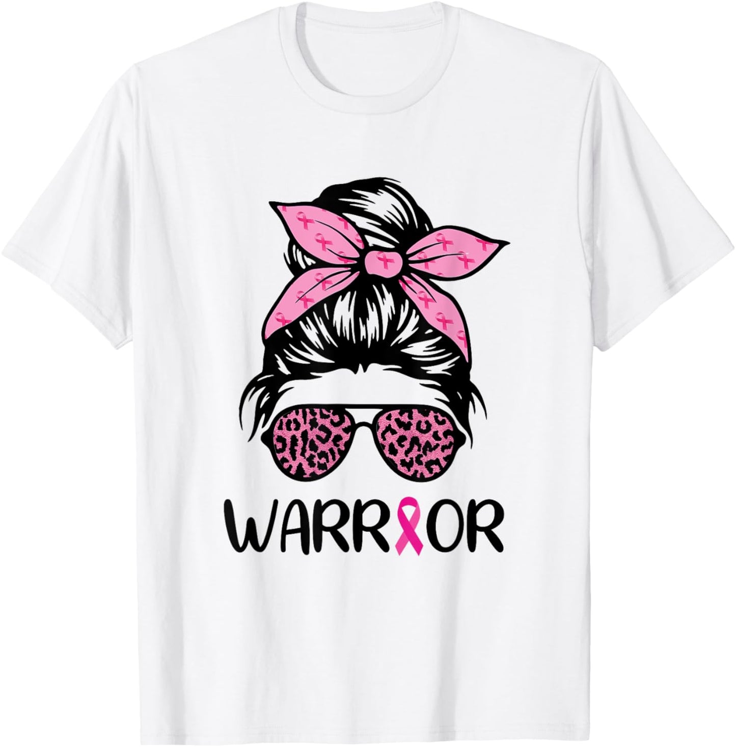 Warrior Breast Cancer Awareness Messy Bun Leopard Pink T-Shirt - T-Shirt | White