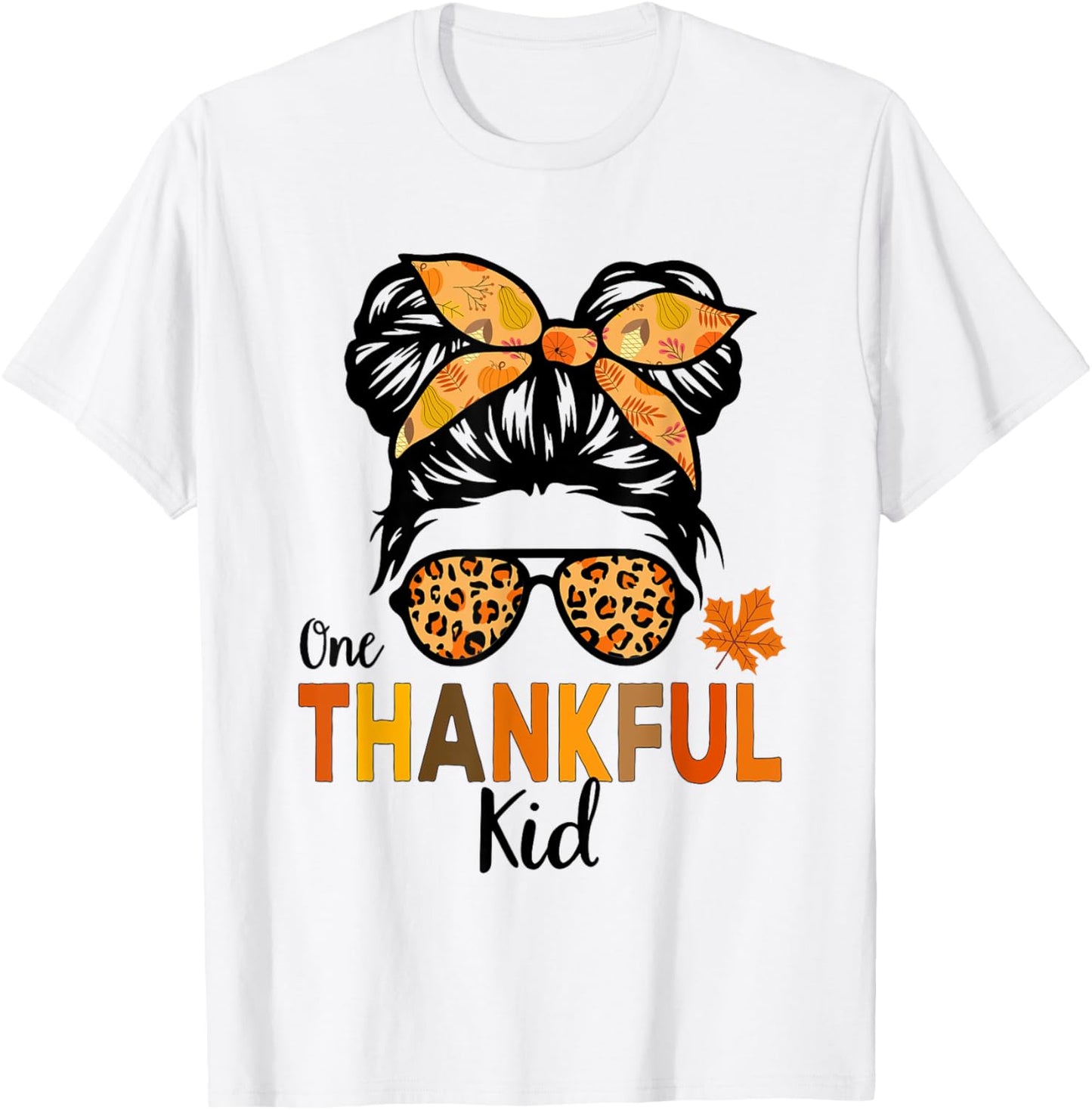 Thanksgiving Shirts for Girls One Thankful Kid Messy Bun T-Shirt - T-Shirt | White