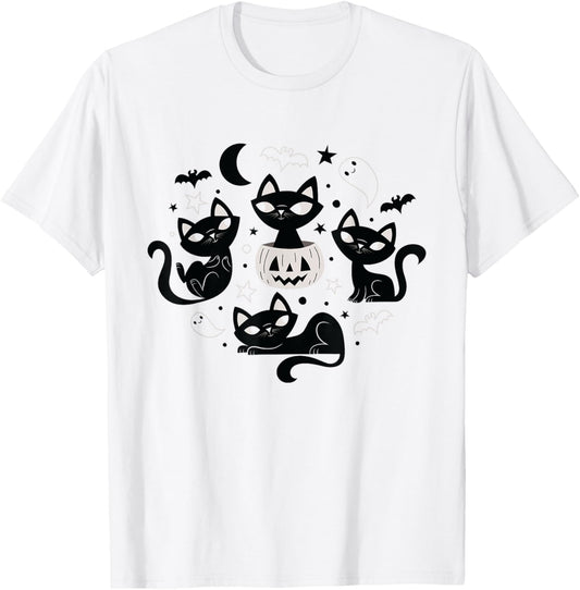 Cute Retro Black Cats Fall Halloween T-Shirt - T-Shirt | White