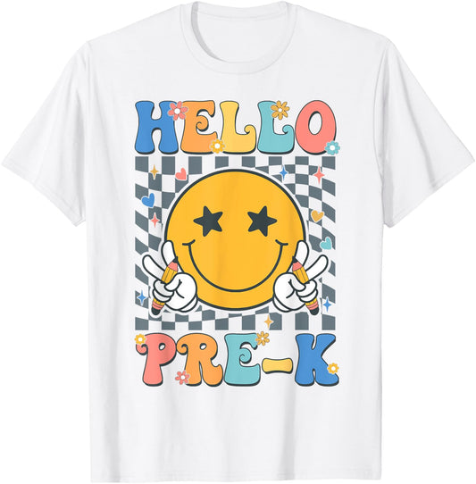 Retro Groovy Hello Pre K Back To School Pre K Teachers Kids T-Shirt - T-Shirt | White