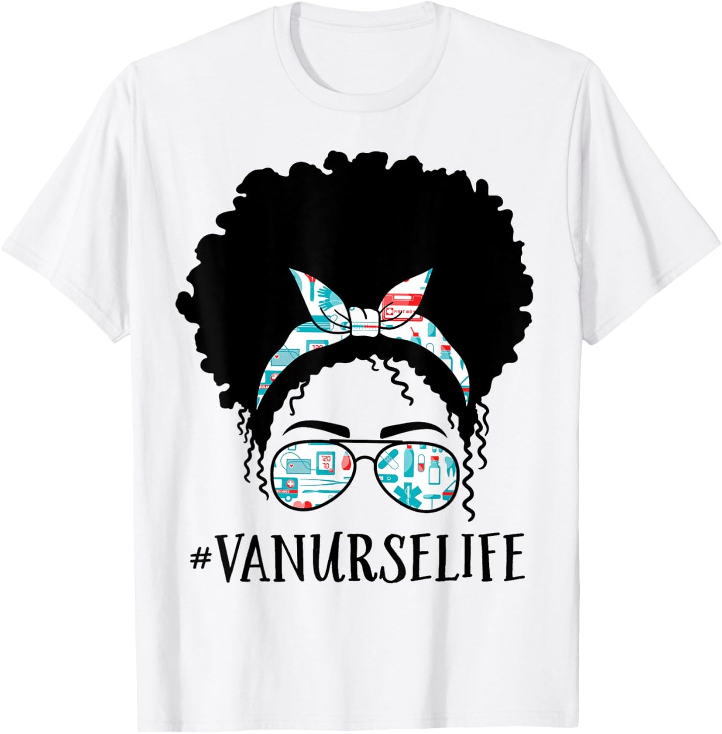 Va Nurse Black Afro Messy Bun Crew African American Women T-Shirt - T-Shirt | White