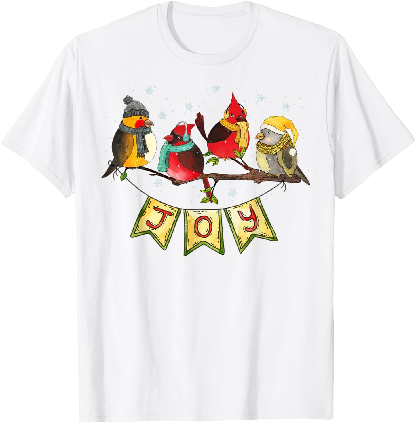 Pretty Winter Birds with Snow and JOY Birdwatchers Christmas T-Shirt - T-Shirt | White